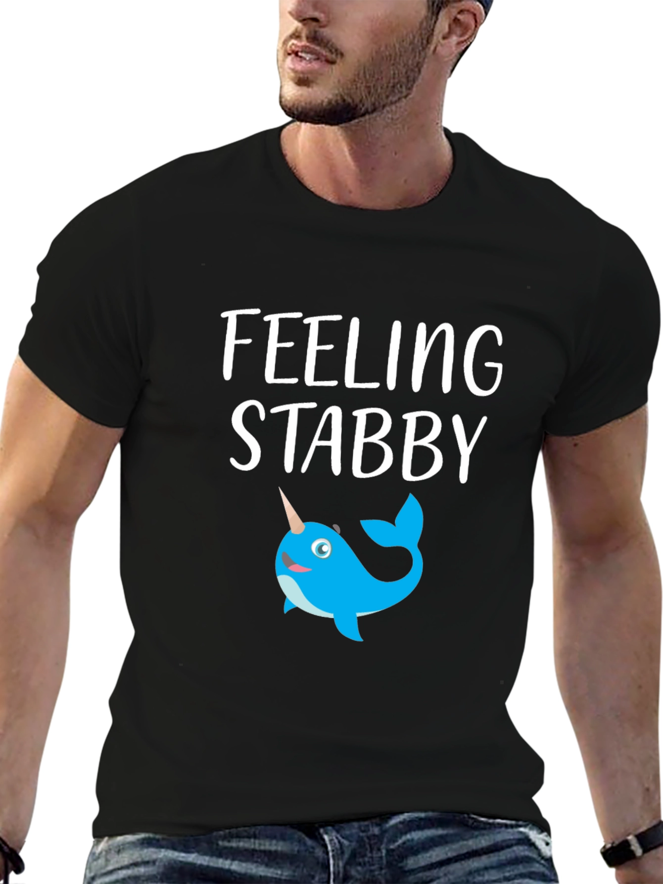 Black Feeling Stabby Narwhal Graphic T-Shirt - Black view 6