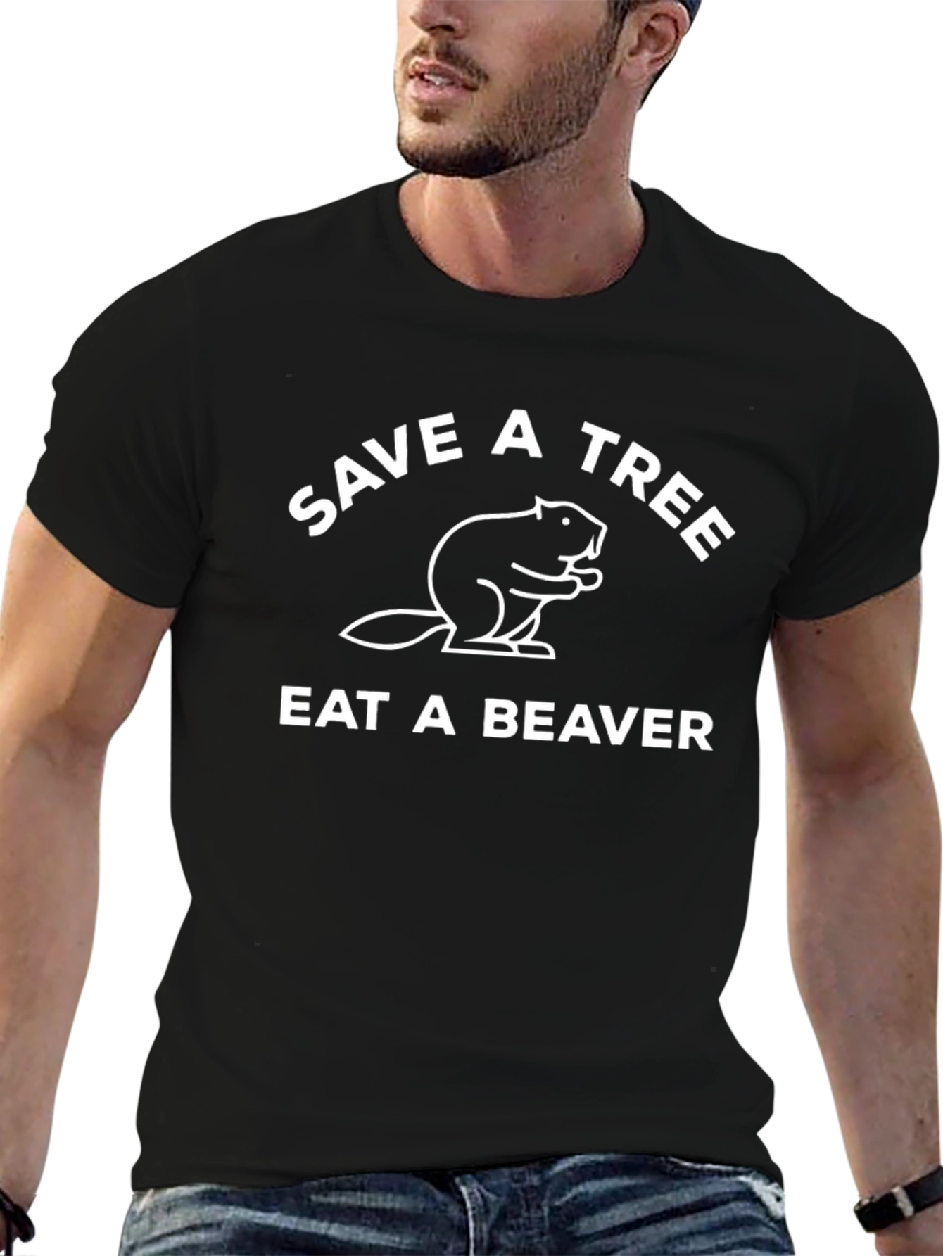 Black Save a Tree Eat a Beaver Funny T-Shirt view 6