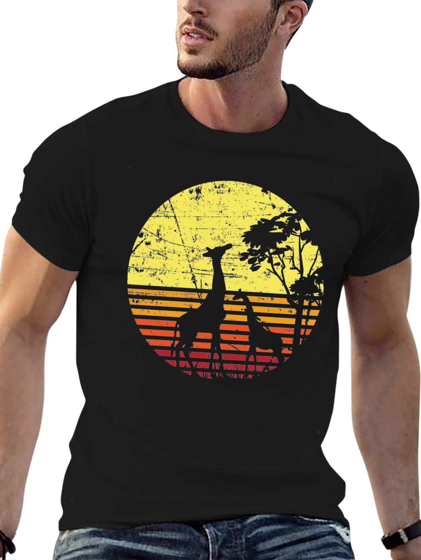 Black Giraffe Sunset T-Shirt - Retro Style Wildlife Tee view 6