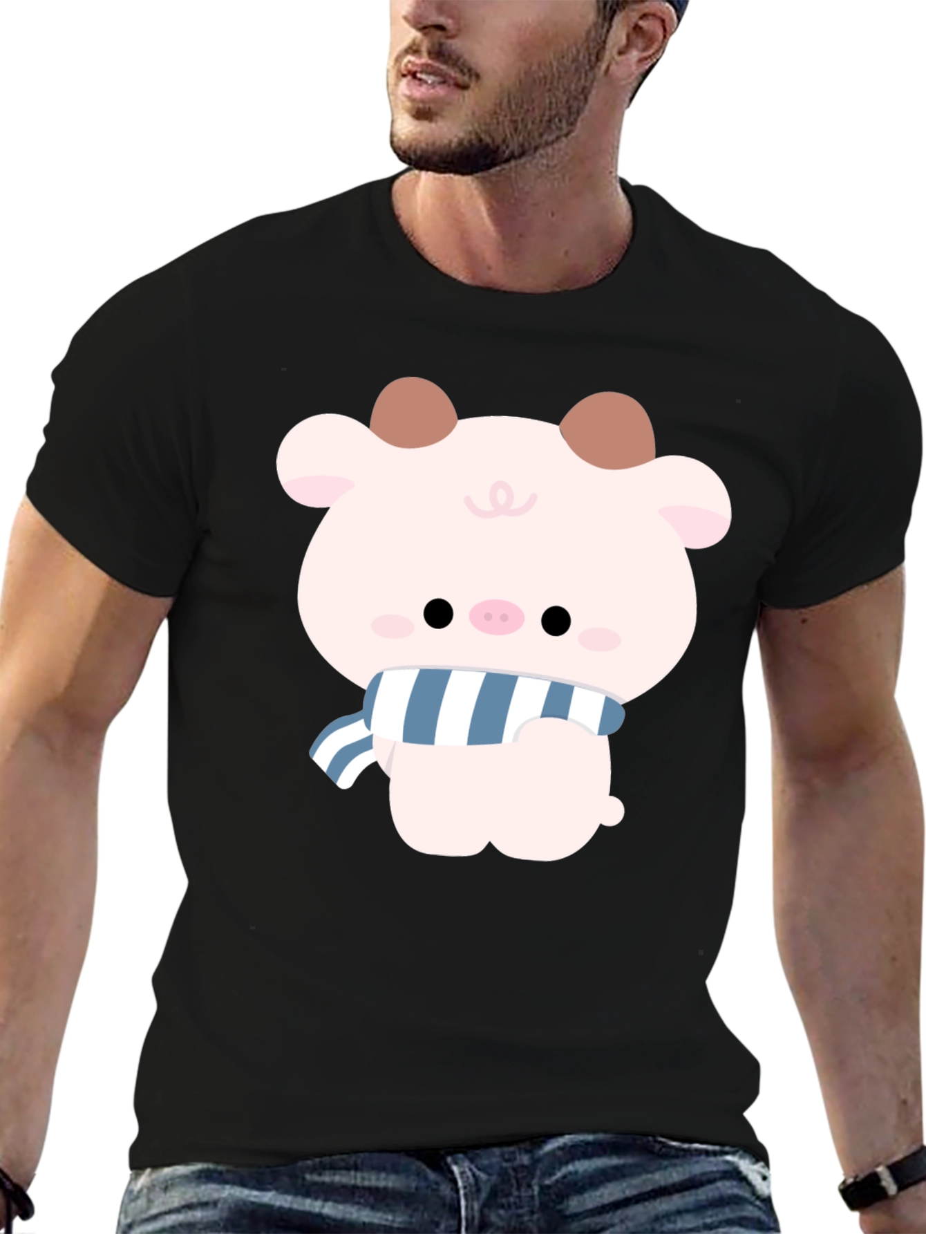 Black Cute Cartoon Pig T-Shirt view 6