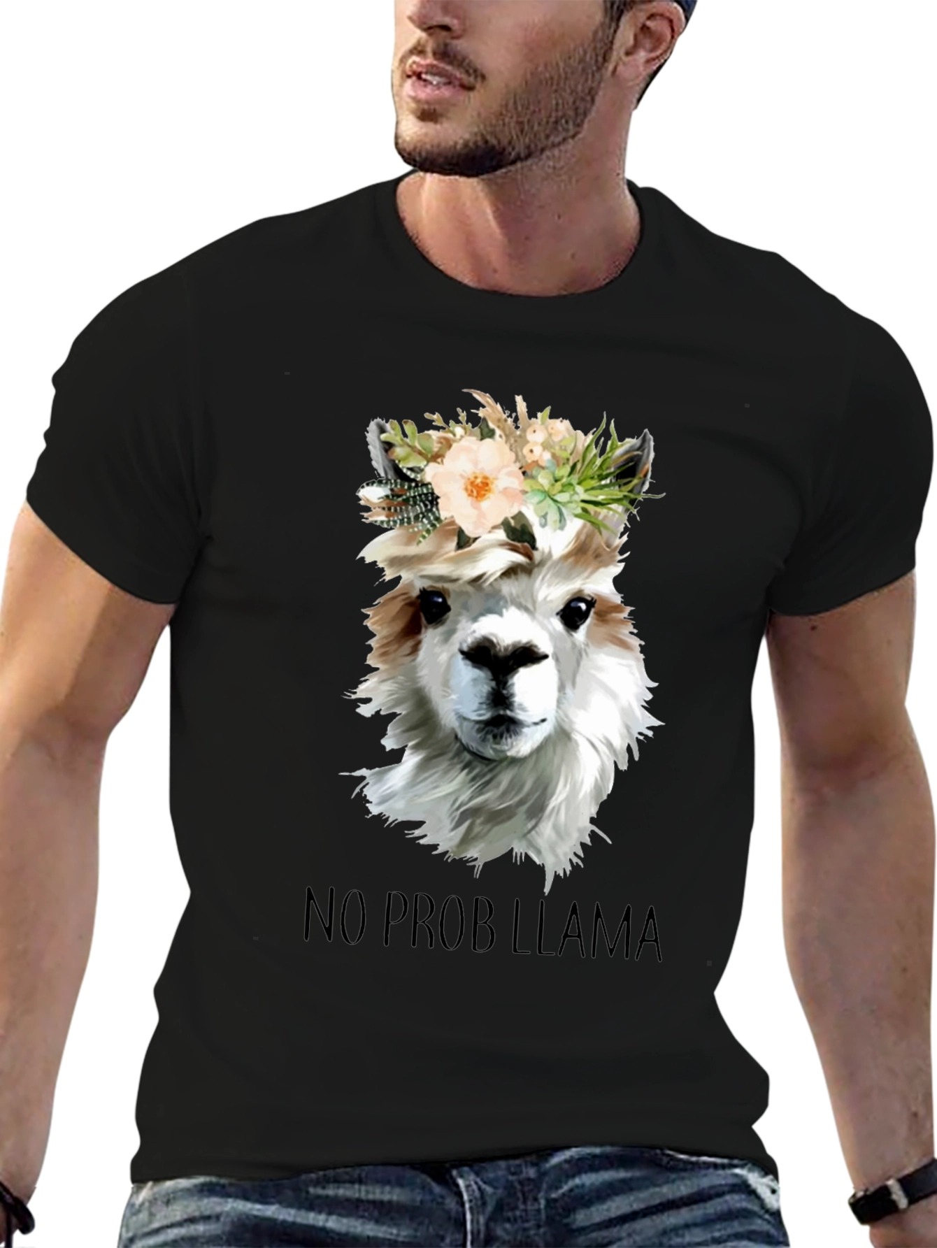 Black No Prob Llama T-Shirt - Floral Crown Alpaca Graphic Tee view 6