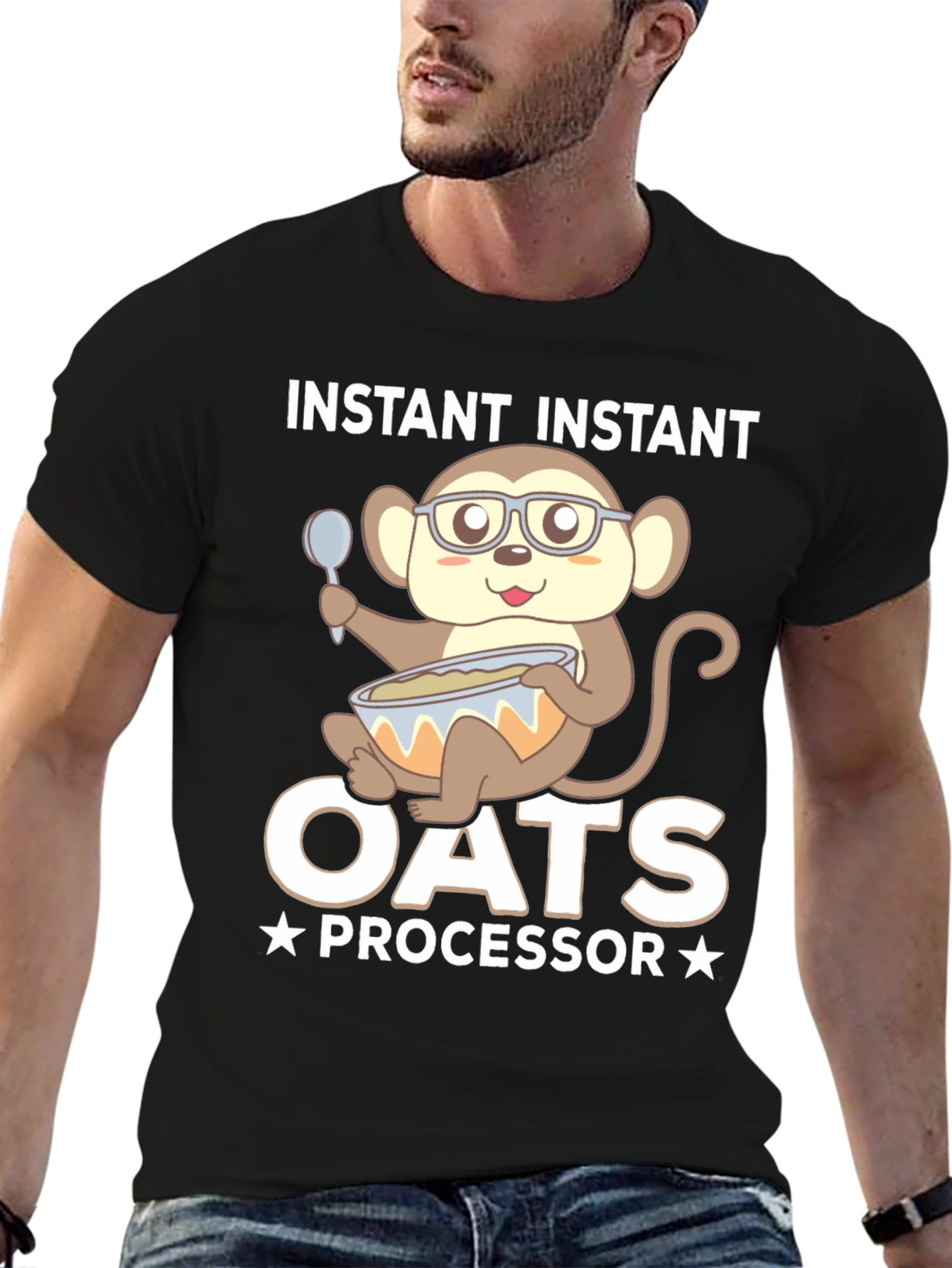 Black Instant Oats Processor Funny Monkey T-Shirt view 6