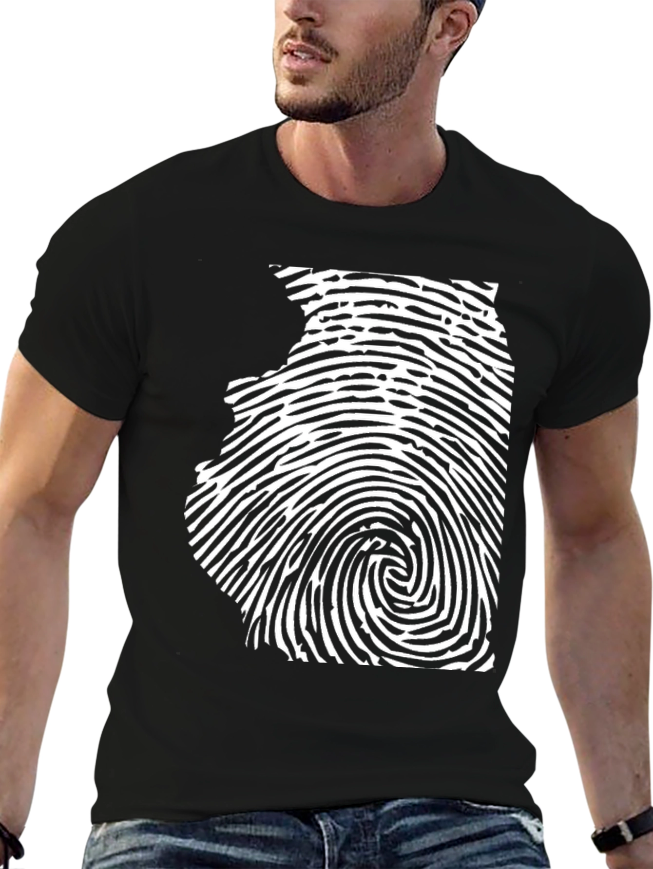 Black Unique Fingerprint State Silhouette Black T-Shirt view 6