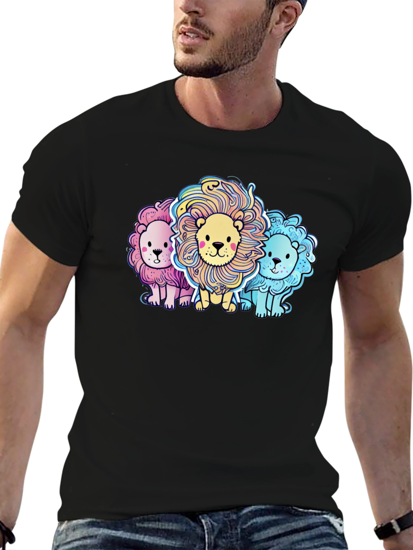 Black Cute Cartoon Lions Graphic Tee view 6