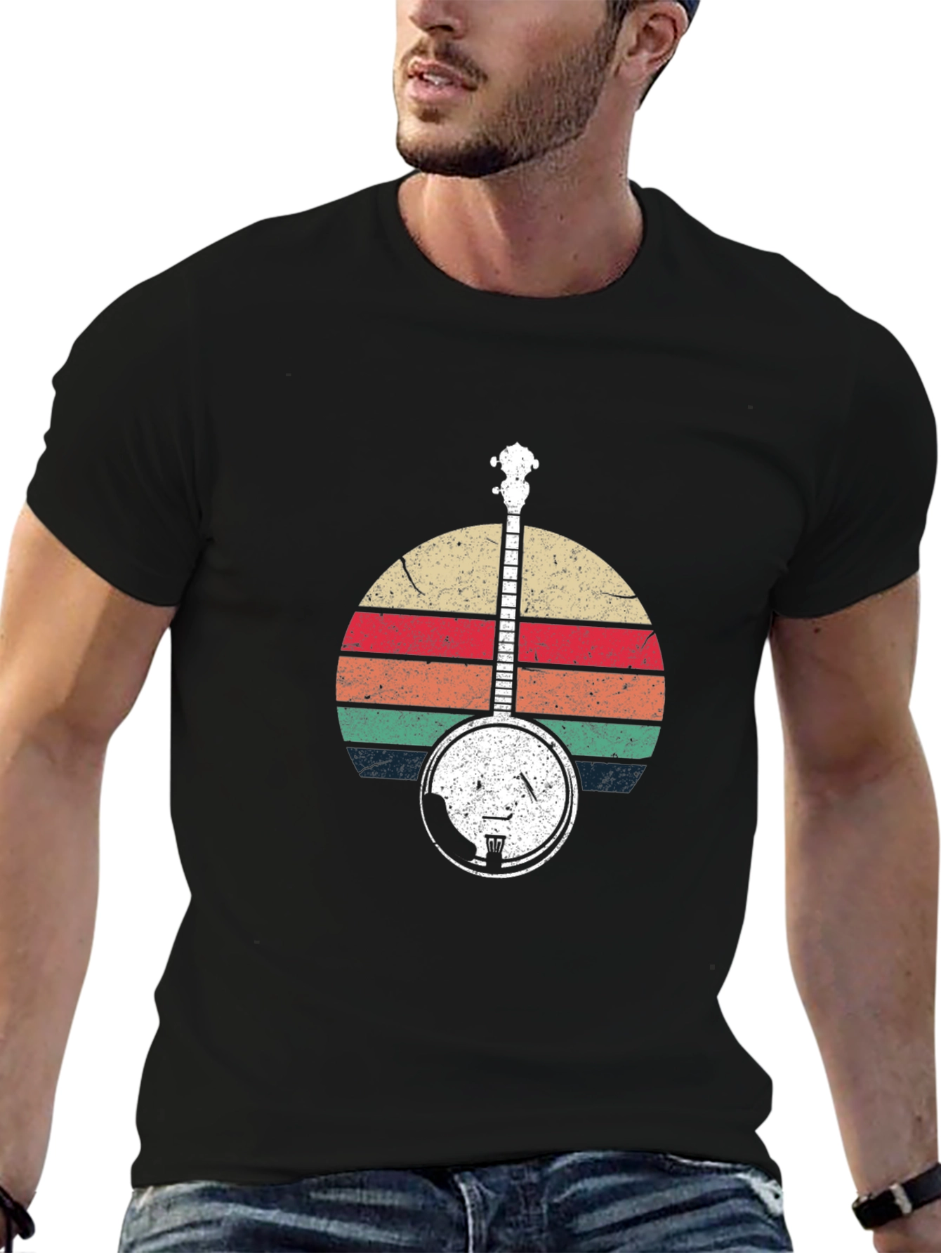 Black Retro Banjo Sunset Graphic T-Shirt view 6