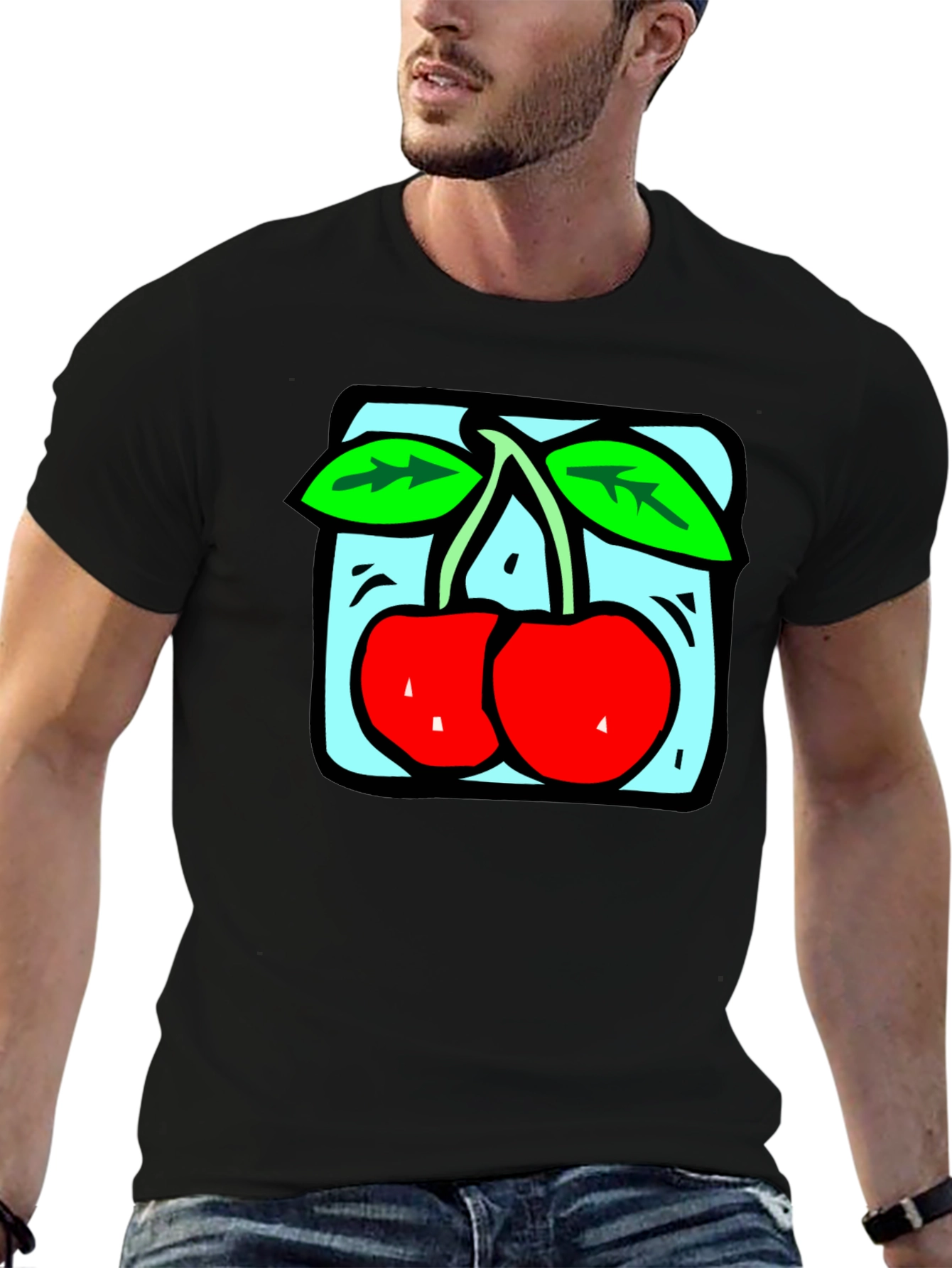 Black Retro Cherry Graphic Tee - Black Cotton T-Shirt view 6