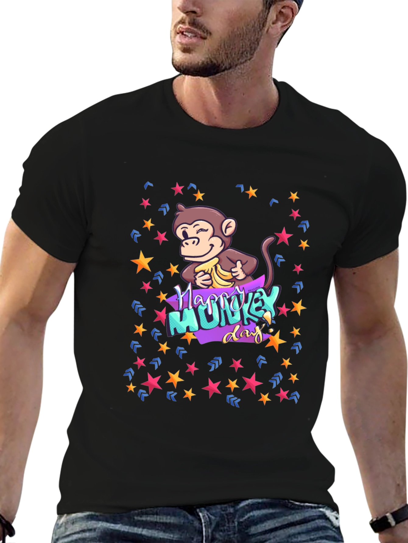 Black Happy Monkey Day Graphic Tee - Novelty Design view 6