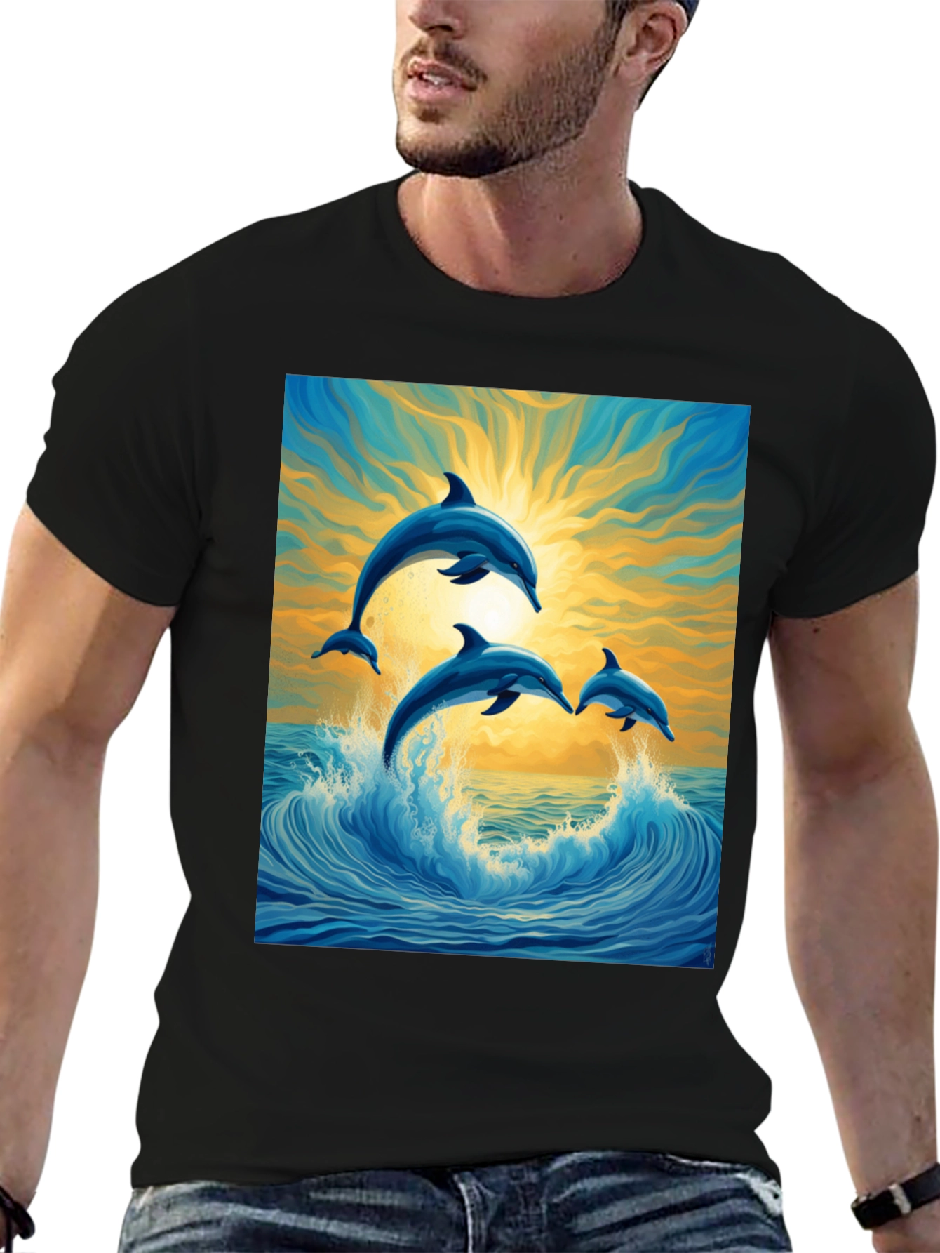 Black Dolphin Wave Graphic Tee - Stylish Ocean Lover's Shirt view 6