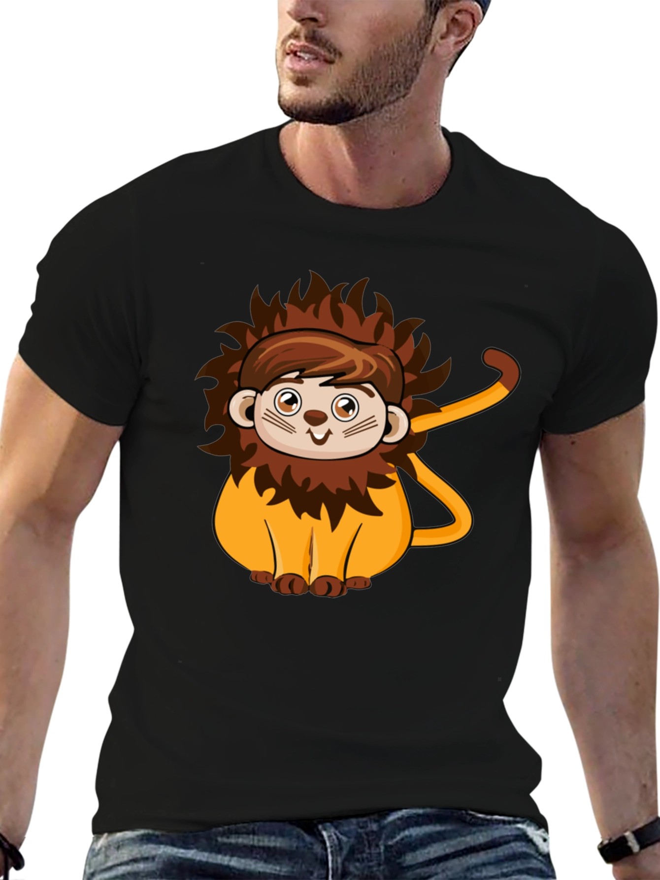 Black Cute Lion Cartoon Black T-Shirt view 6