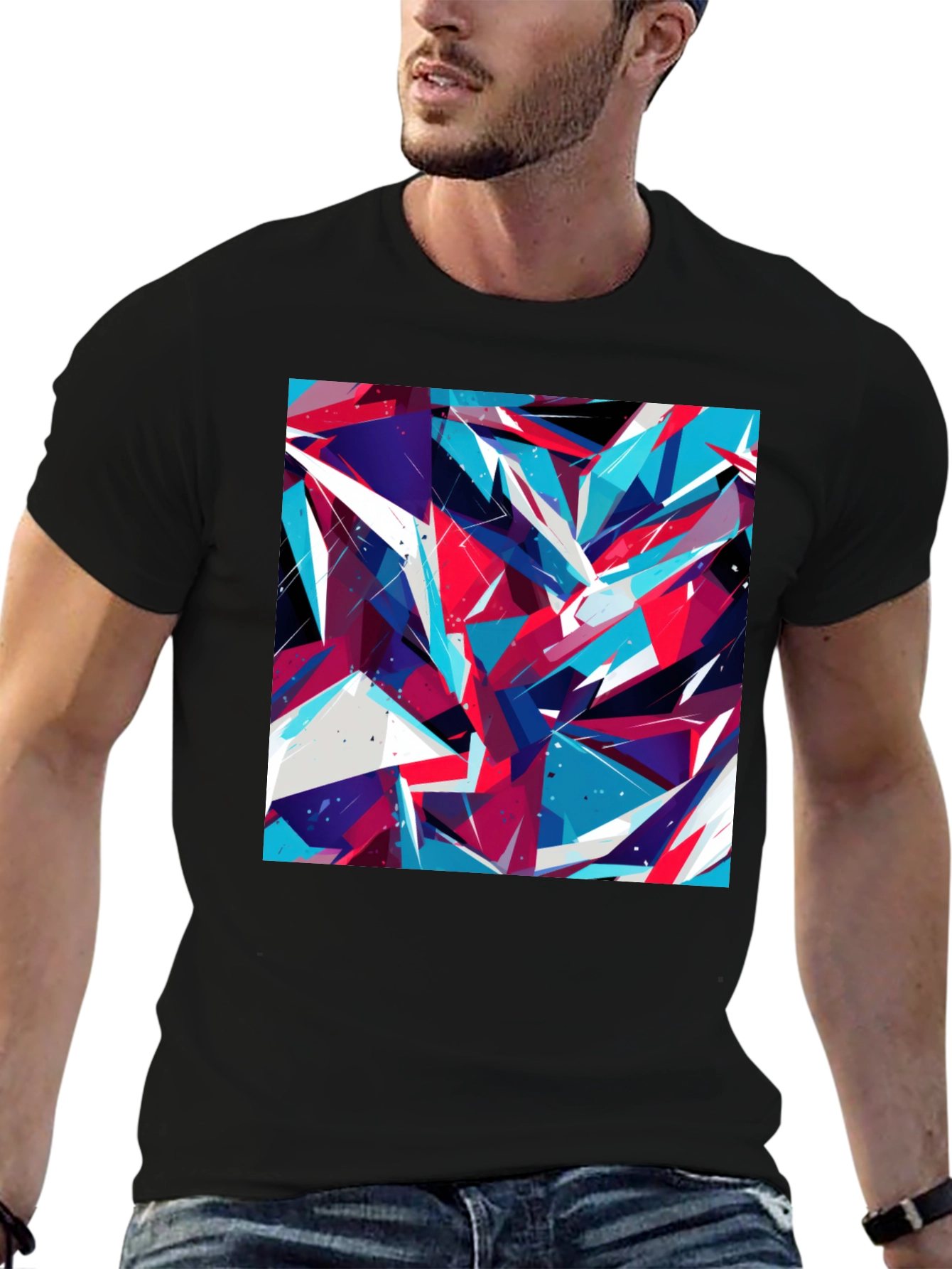 Black Abstract Geometric Print Black T-Shirt view 6