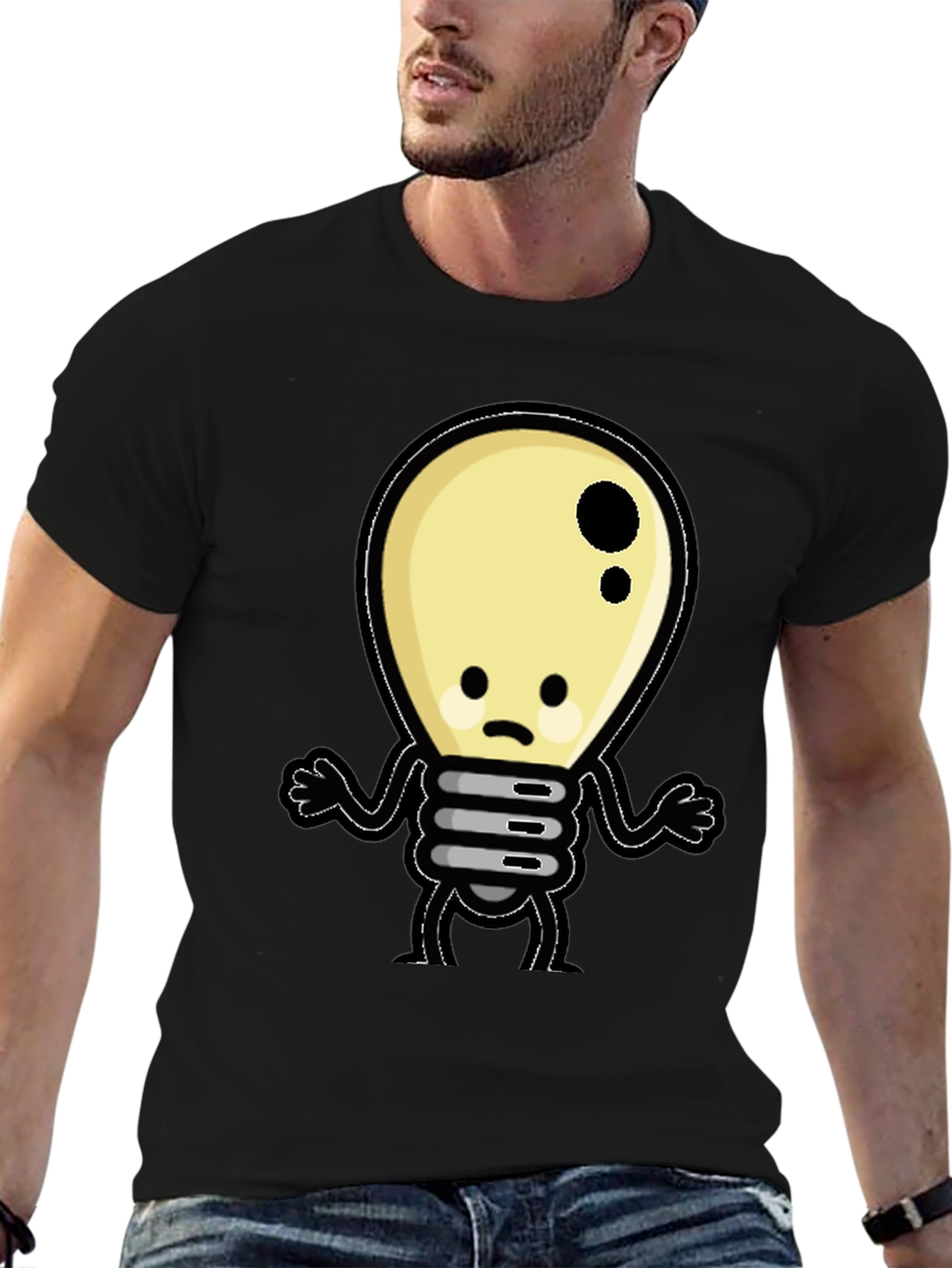 Black Sad Light Bulb Graphic T-Shirt - Black Cotton Tee view 6