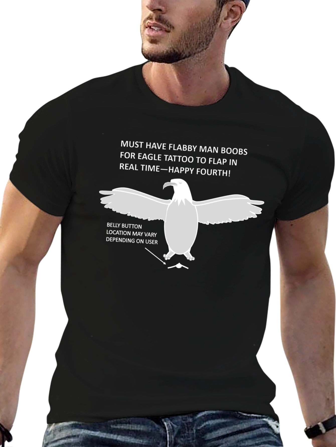 Black Flabby Man Boobs Eagle Tattoo Funny T-Shirt view 6