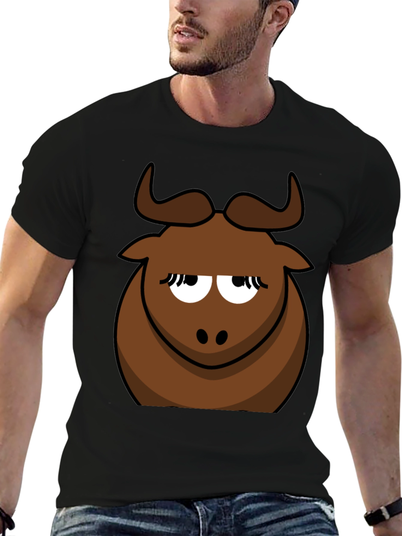Black Funny Cartoon Bull Graphic Tee - Black Cotton T-Shirt view 6