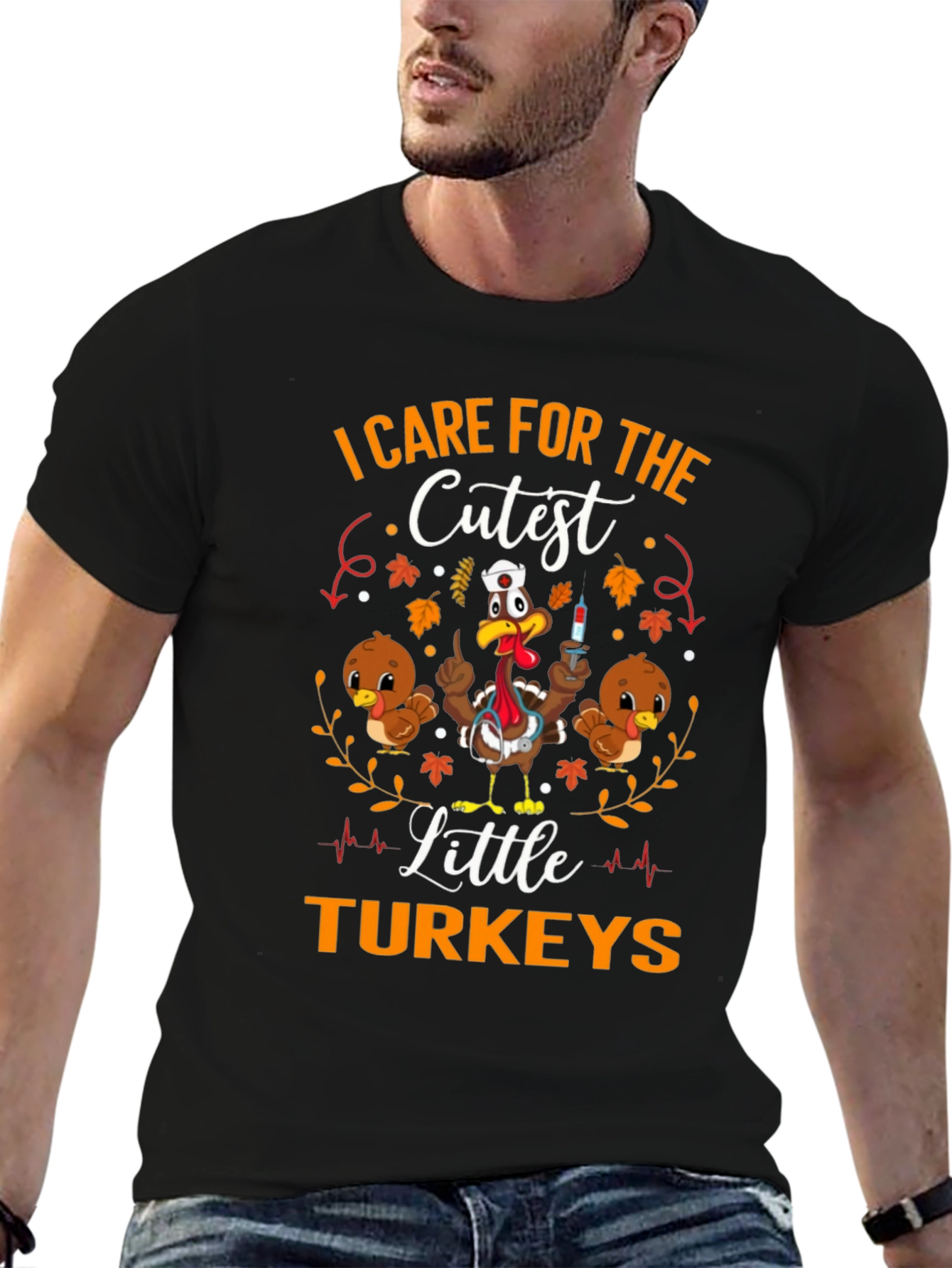 Black I Care For The Cutest Little Turkeys Graphic T-Shirt view 6