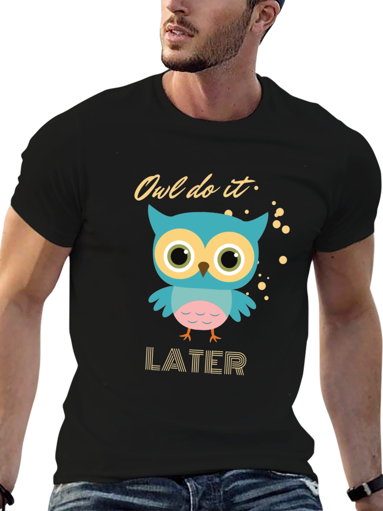 Black Owl Do It Later T-Shirt - Funny Bird Graphic Tee view 6