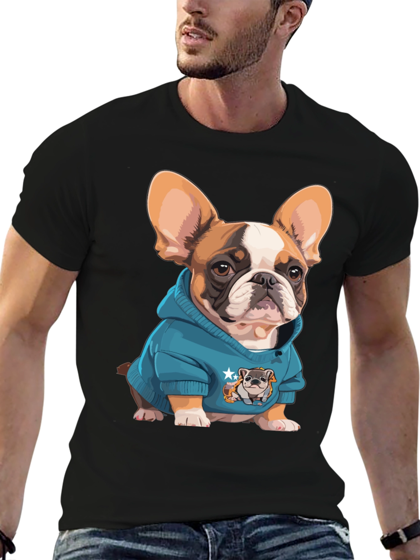 Black Bulldog in Hoodie Graphic Tee - Cute Dog Lover Shirt view 6