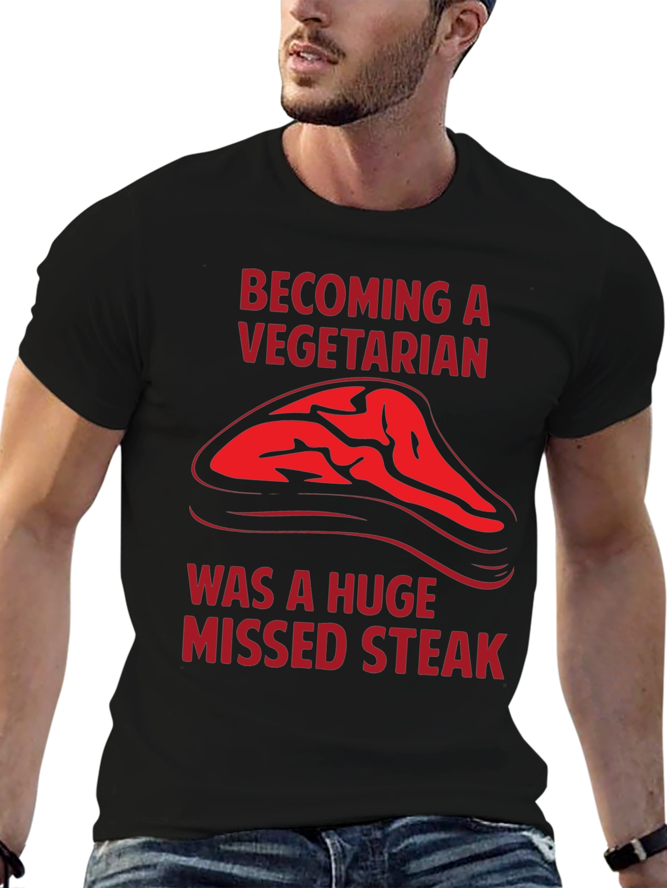 Black Becoming a Vegetarian Missed Steak T-Shirt view 6