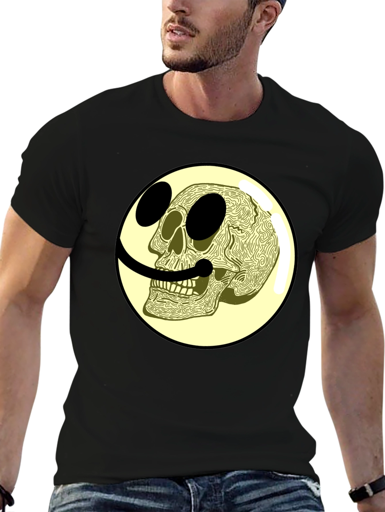 Black Skull Smiley Face Graphic Tee view 6