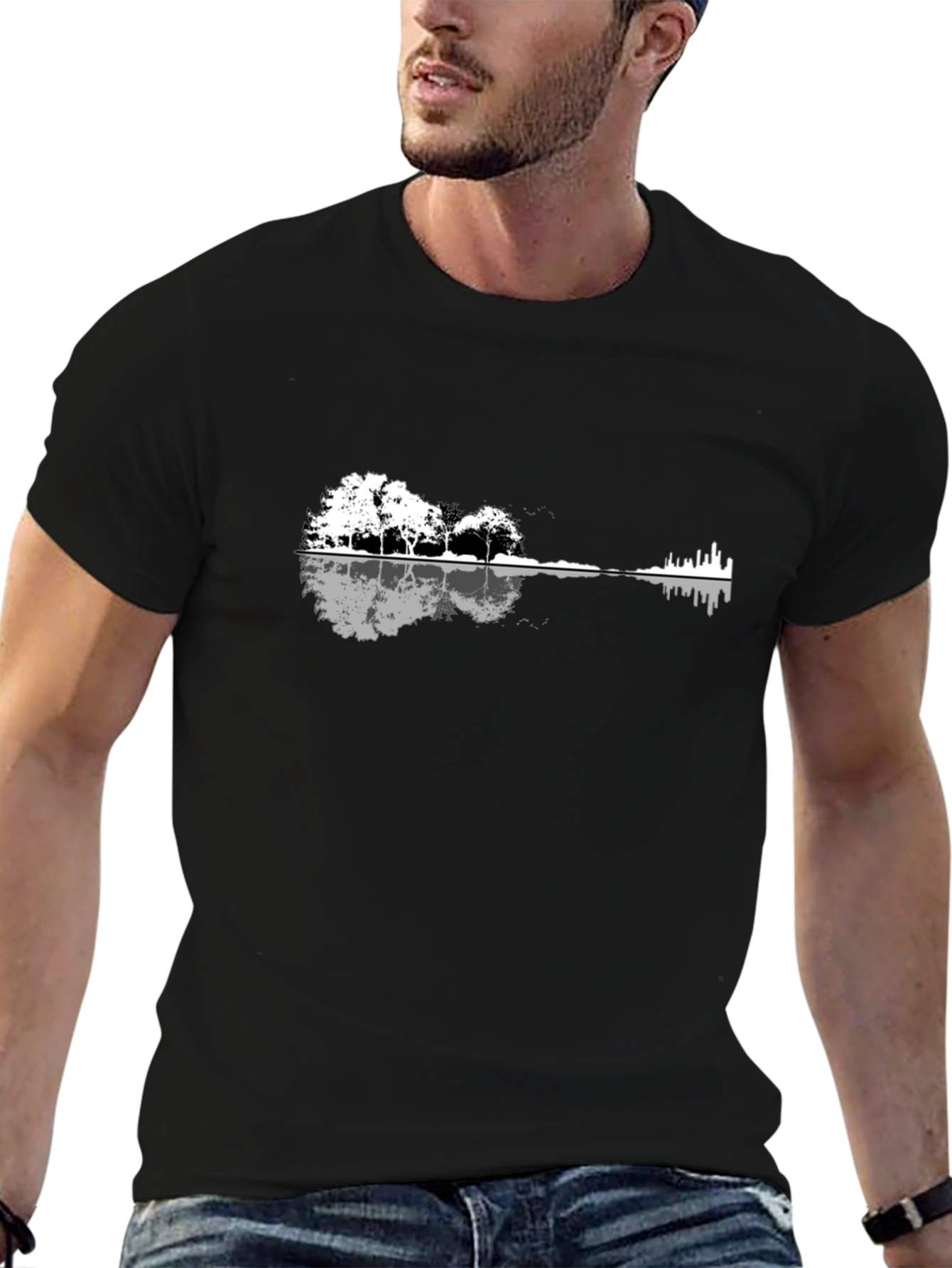 Black Guitar Landscape T-Shirt - Black Graphic Tee view 6