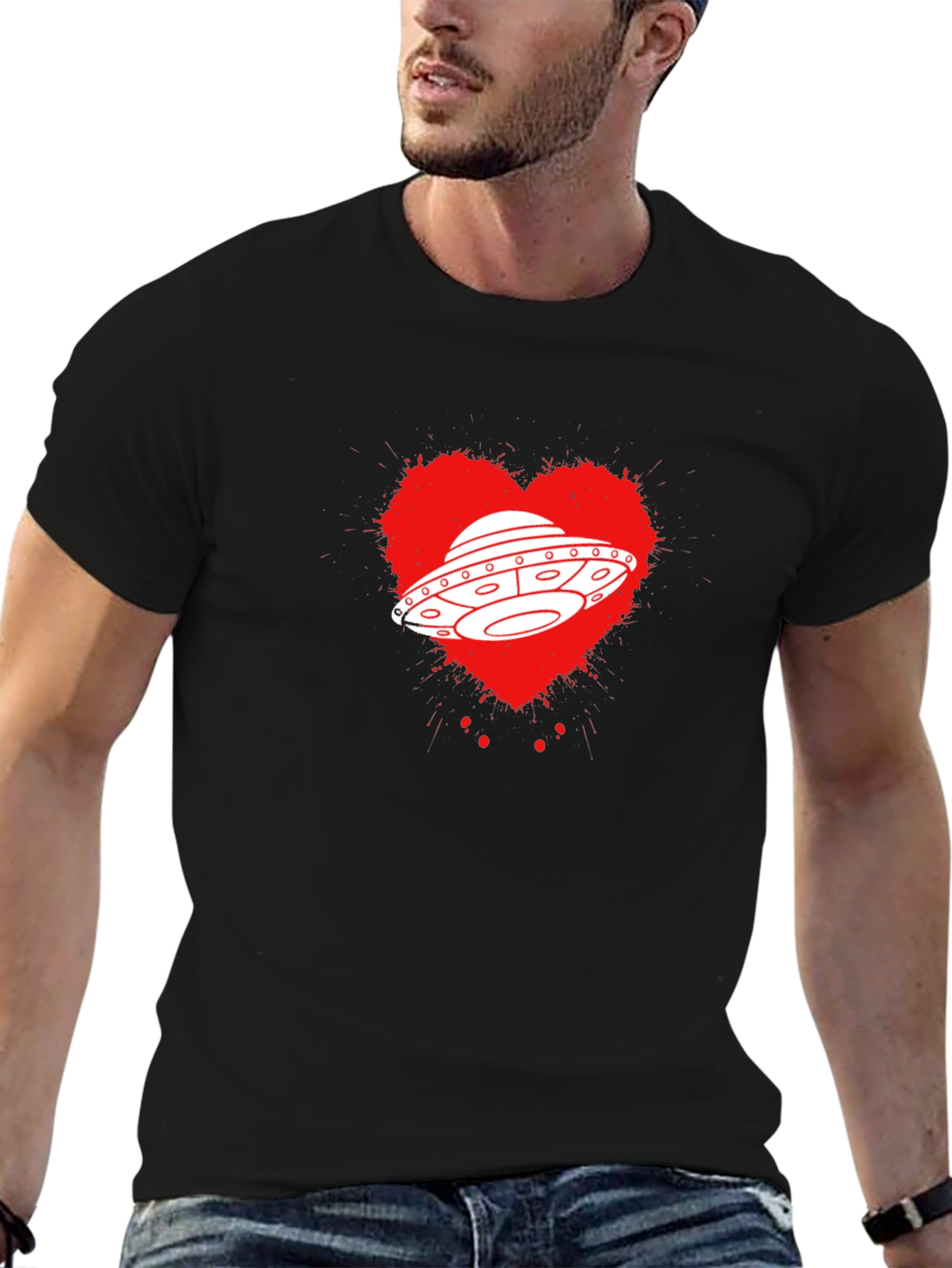 Black UFO Heart Graphic T-Shirt - Black view 6