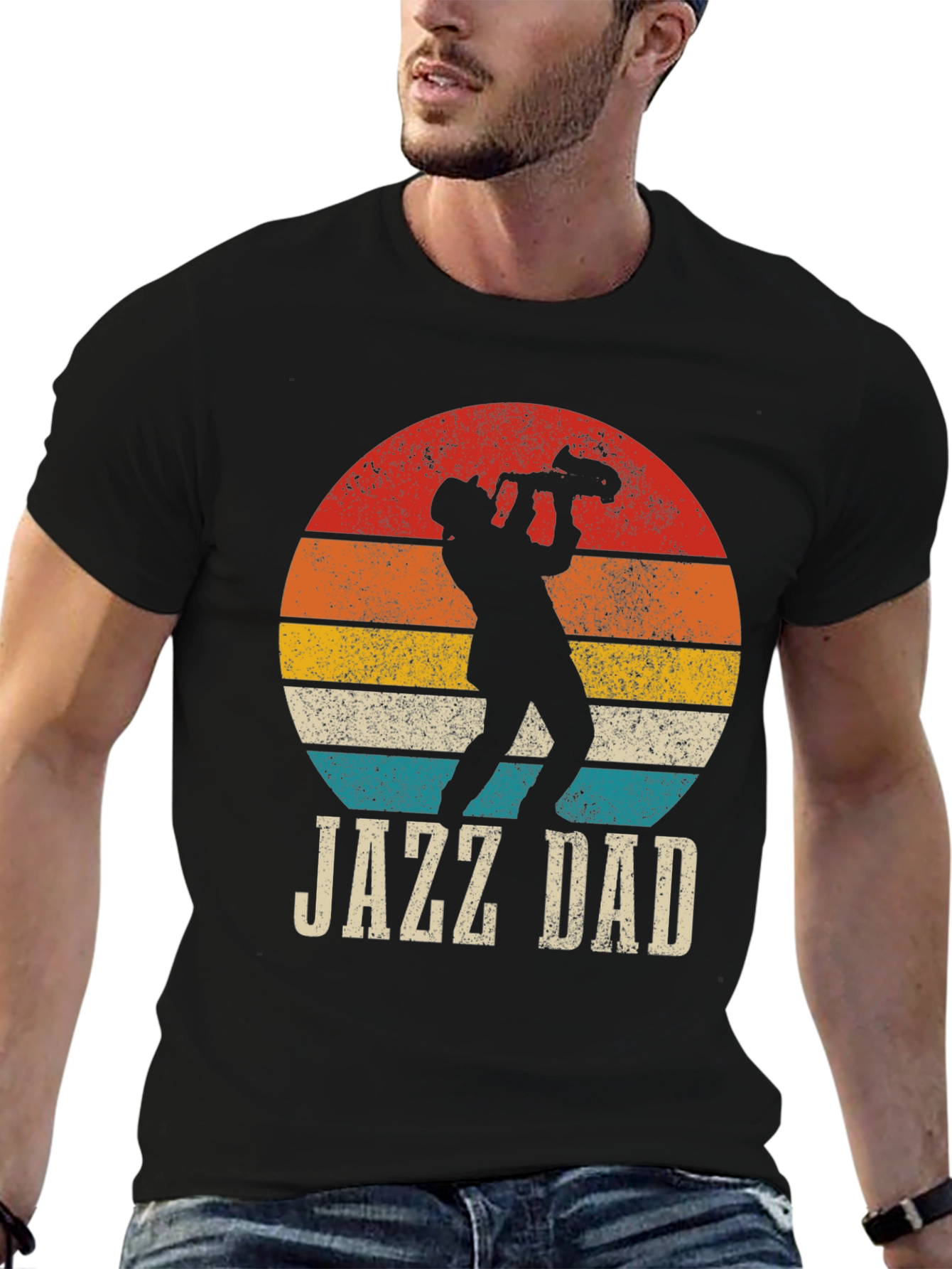 Black Jazz Dad Graphic Tee - Retro Sunset Design view 6