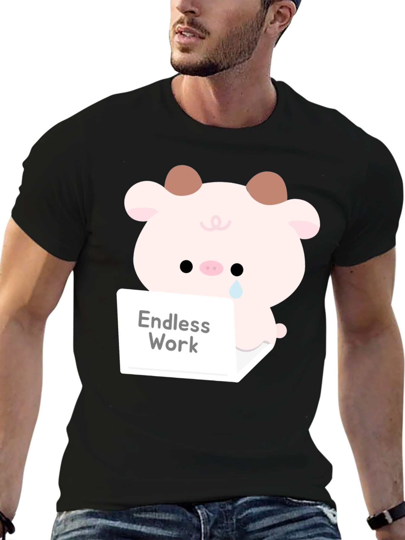 Black Endless Work Pig T-Shirt - Cute Graphic Tee view 6