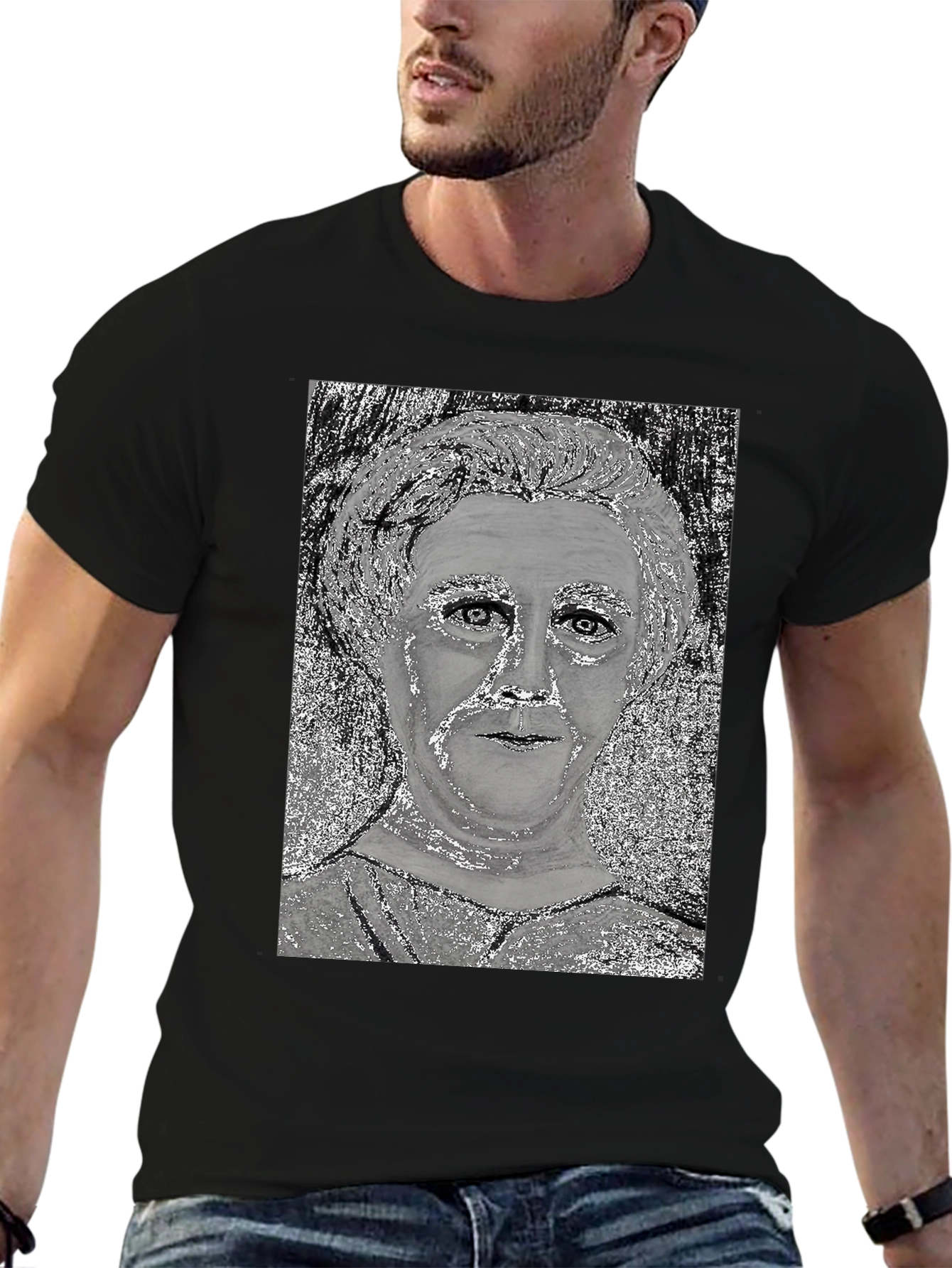 Black Unique Graphic Tee - Silver Portrait Design view 6