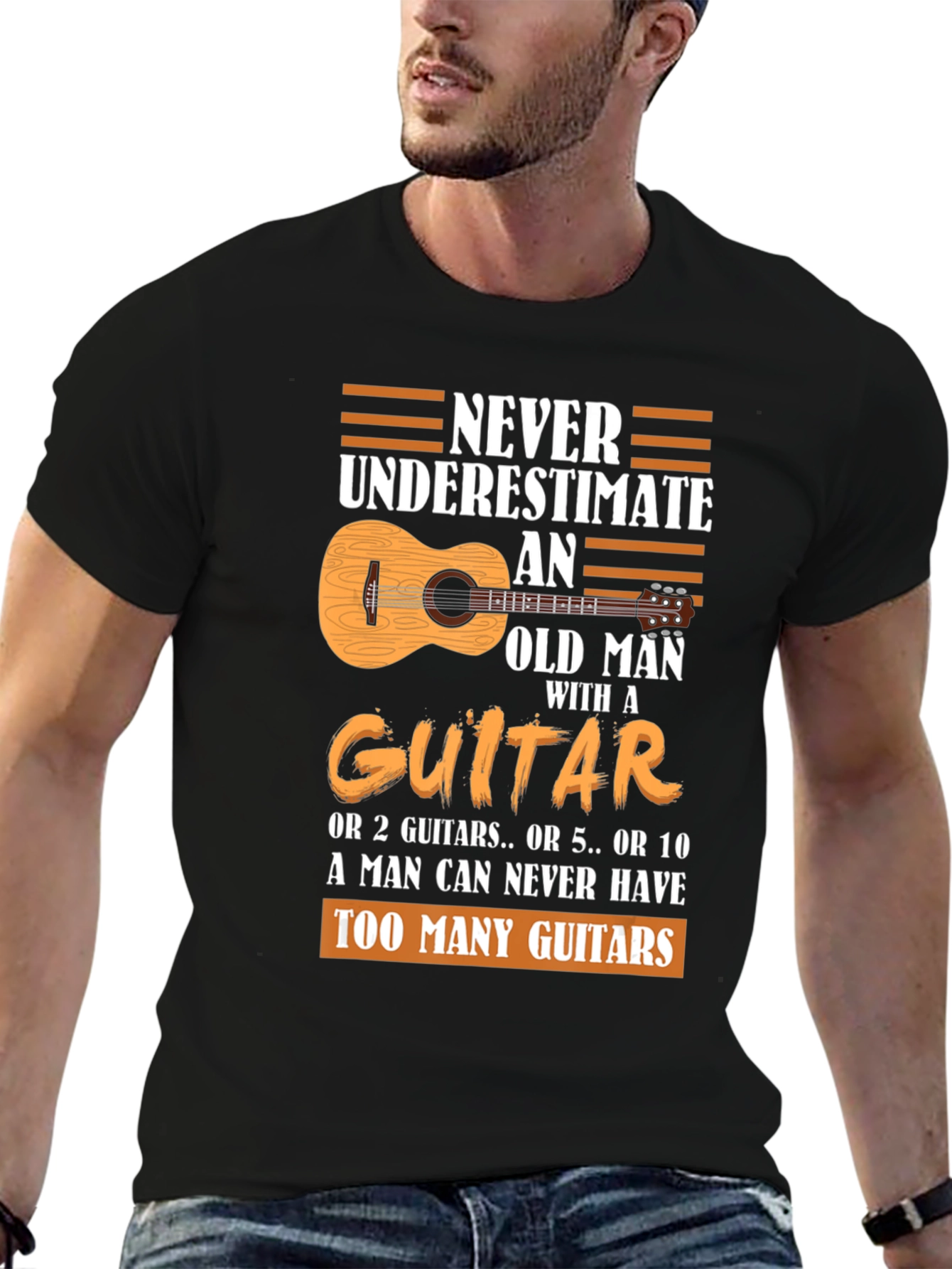 Black Never Underestimate Old Man Guitar T-Shirt view 6