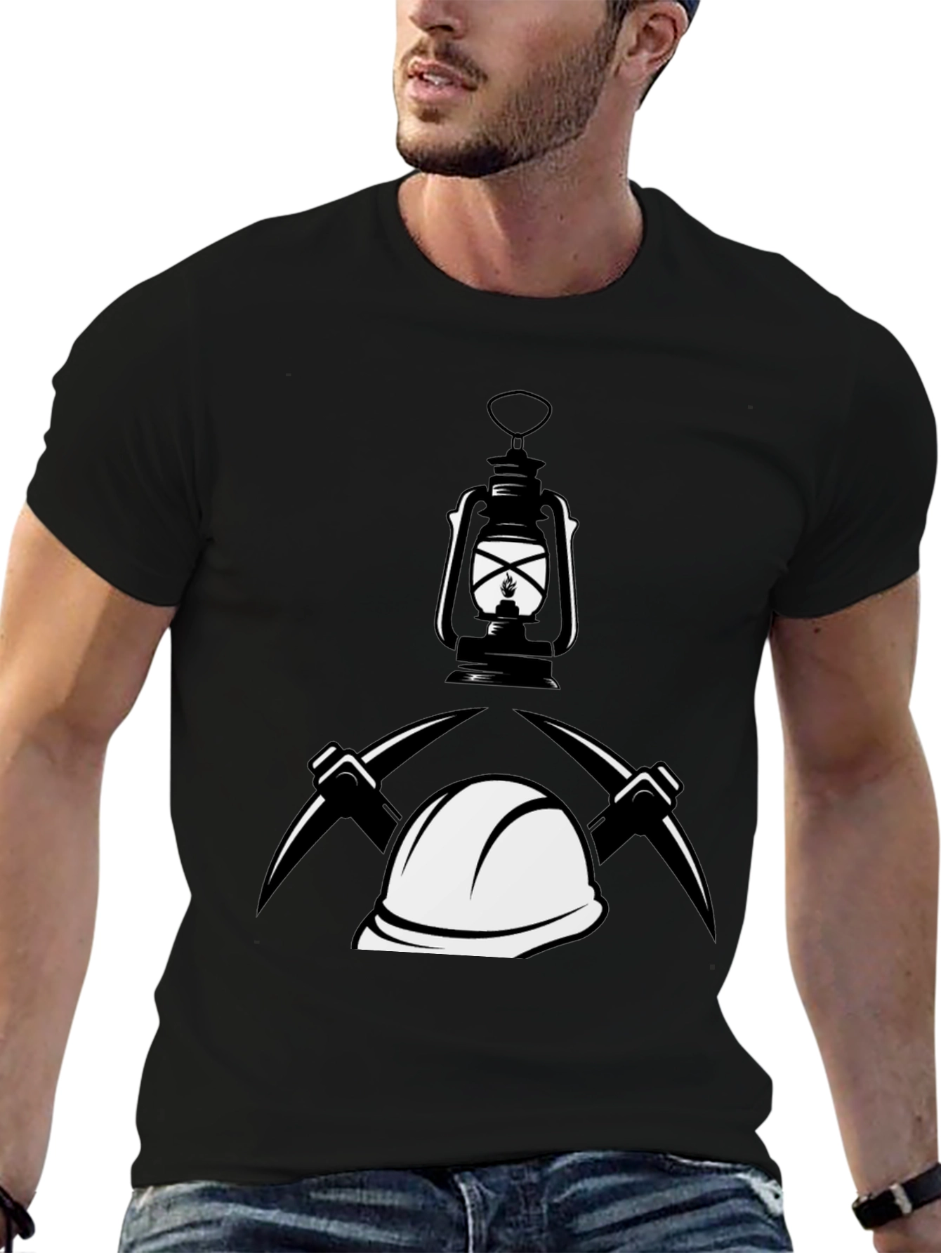 Black Miner's Motif Graphic Tee - Black Cotton Blend view 6