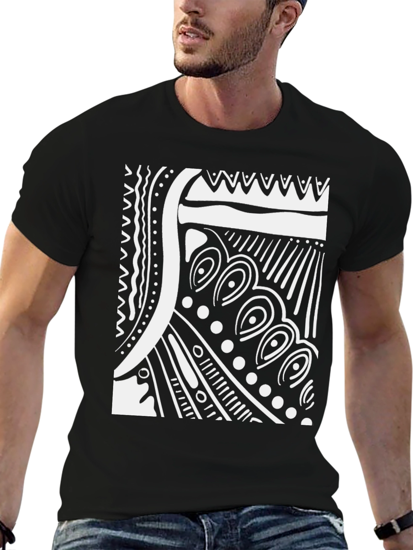 Black Abstract Tribal Design Black T-Shirt view 6