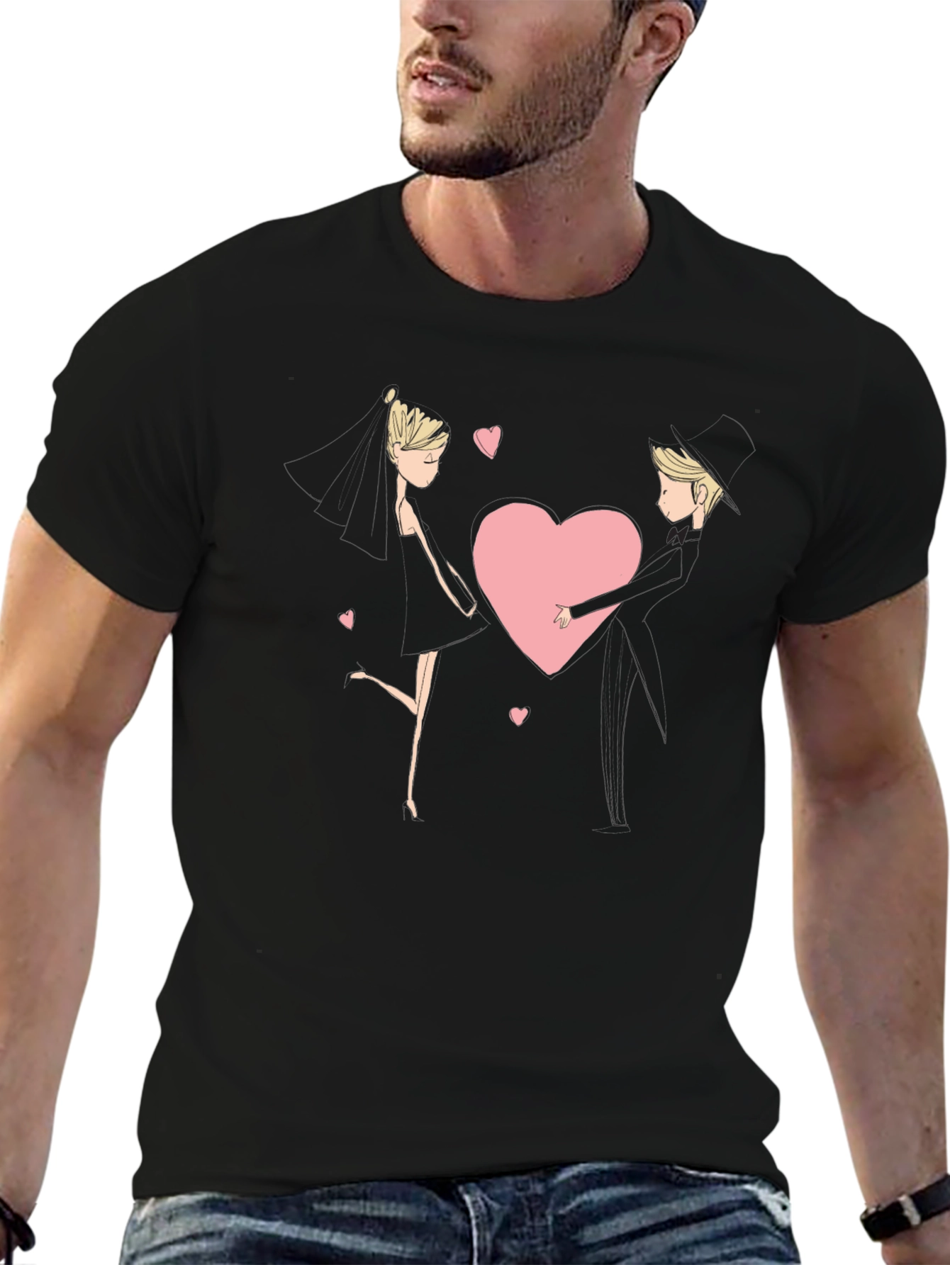 Black Romantic Couple Heart Graphic Black T-Shirt view 6