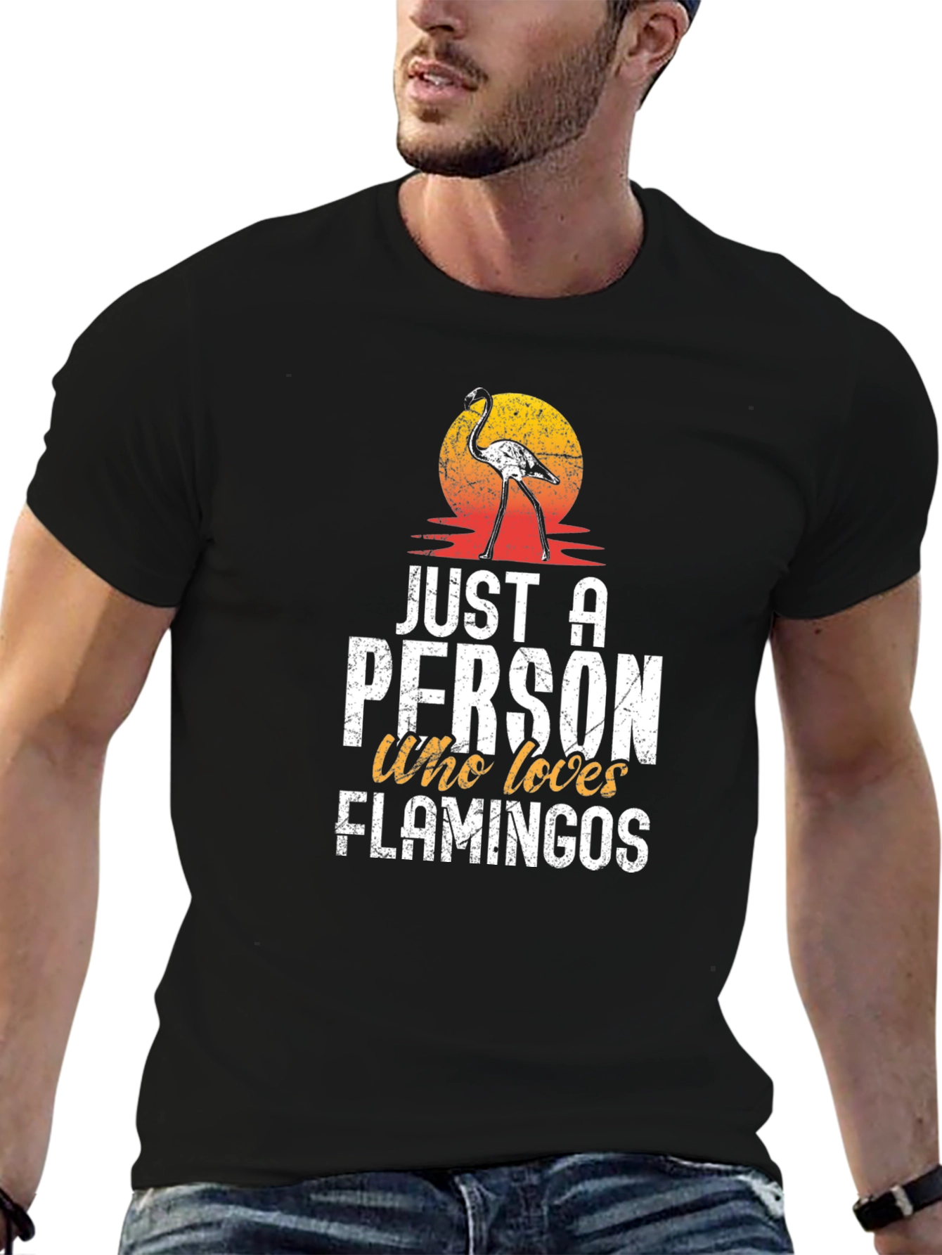 Black Just A Person Who Loves Flamingos Graphic T-Shirt view 6