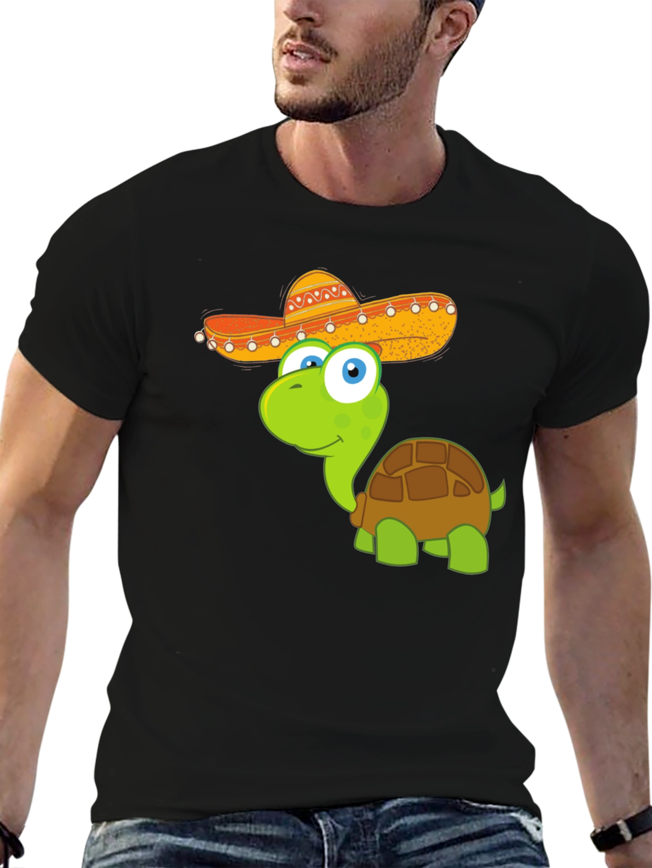 Black Cartoon Turtle with Sombrero T-Shirt view 6