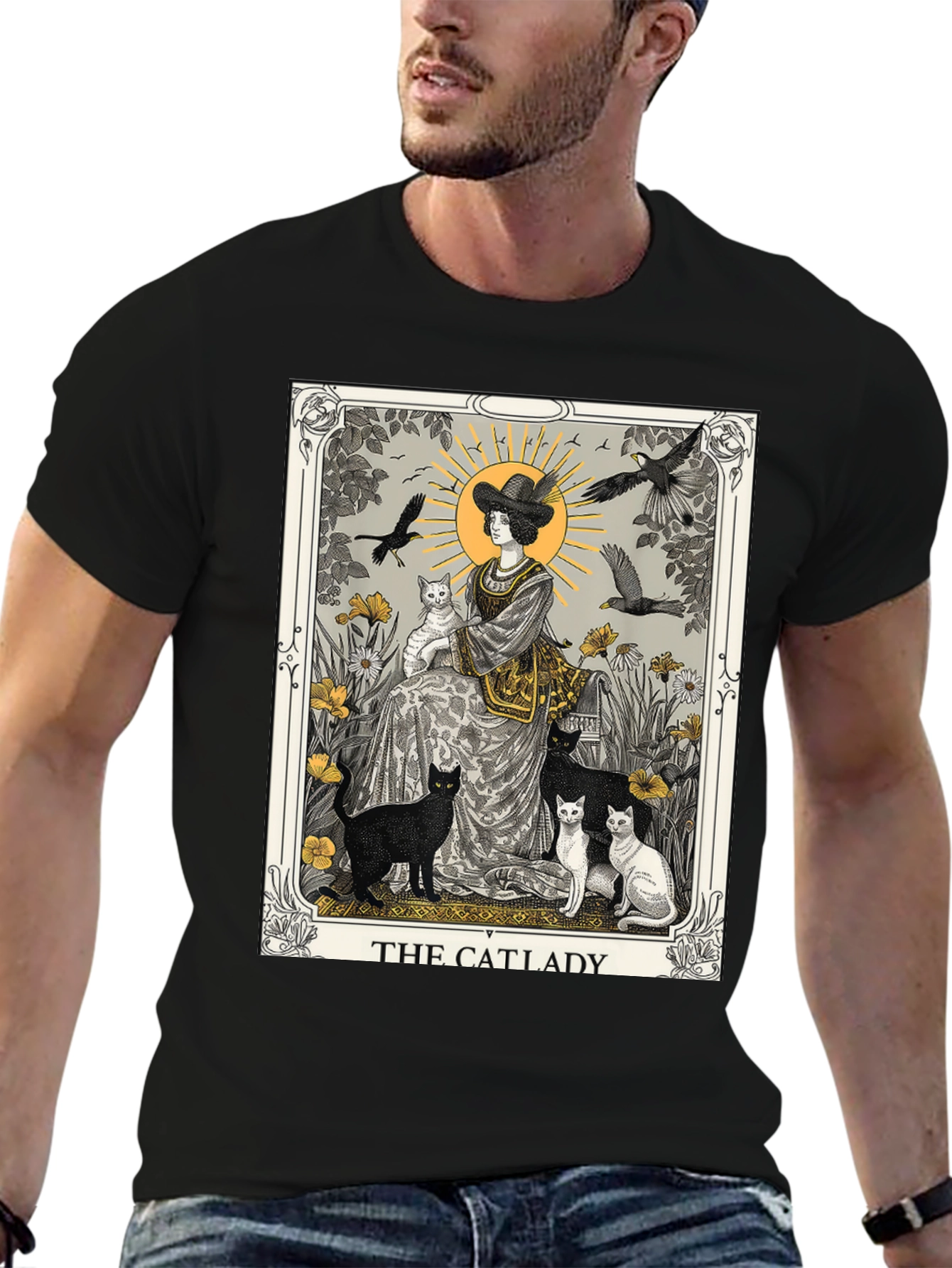 Black The Catlady Tarot Card T-Shirt - Unisex Graphic Tee view 6