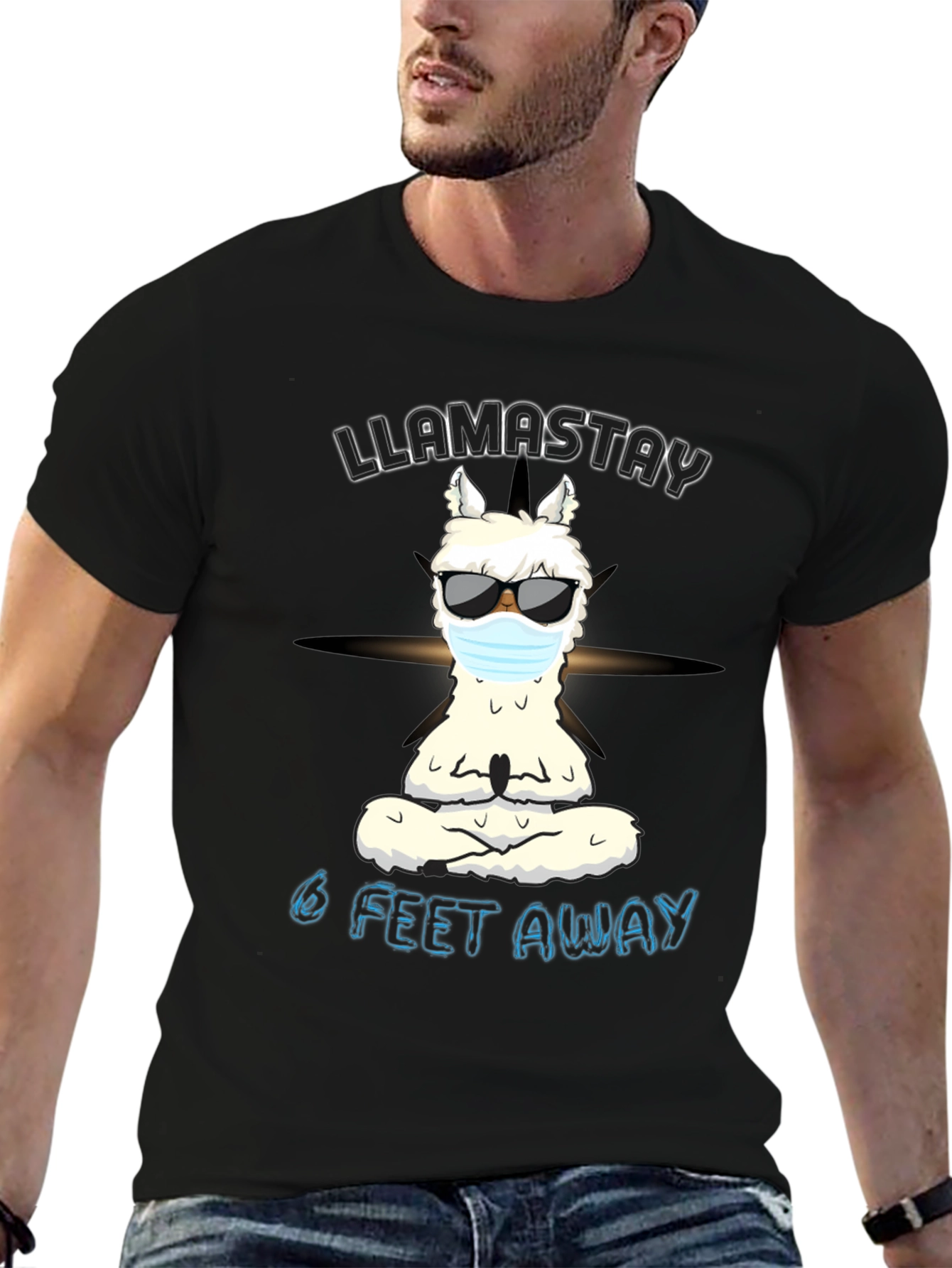 Black Llamastay 6 Feet Away Graphic Tee view 6