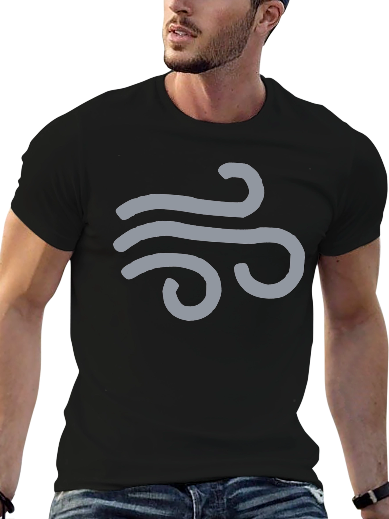 Black Men's Black T-Shirt with Wind Symbol Design view 6