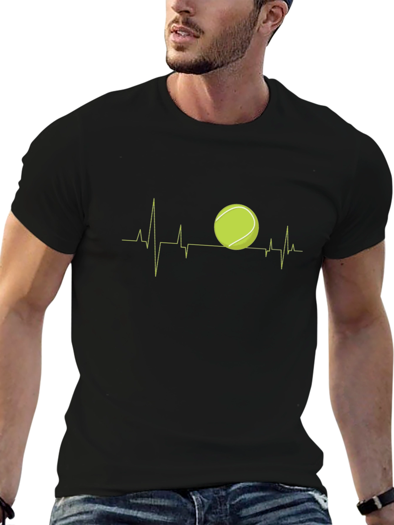 Black Tennis Heartbeat Graphic Tee - Black Cotton T-Shirt view 6