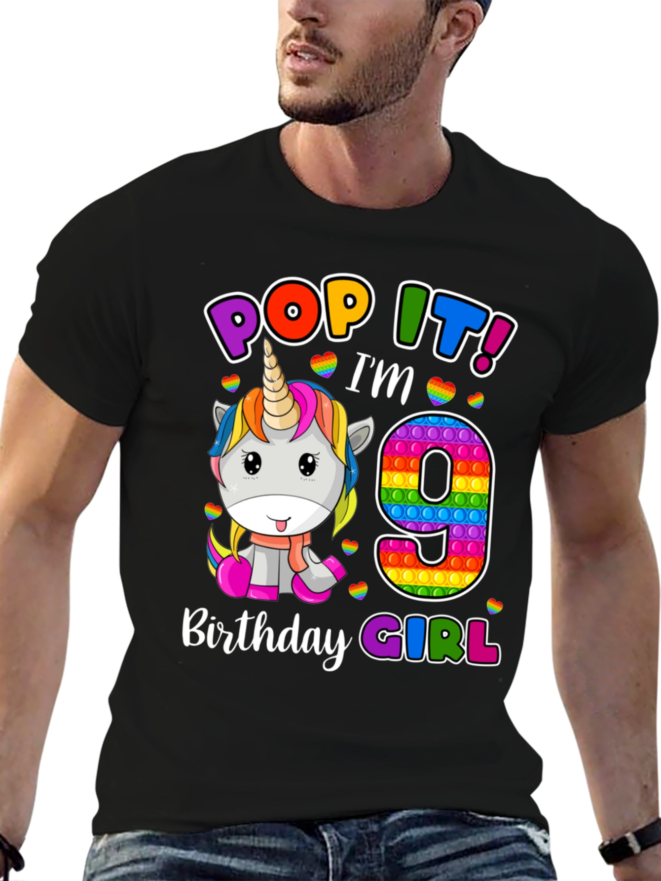 Black Pop It! I'm 9 Birthday Girl T-Shirt Unicorn view 6