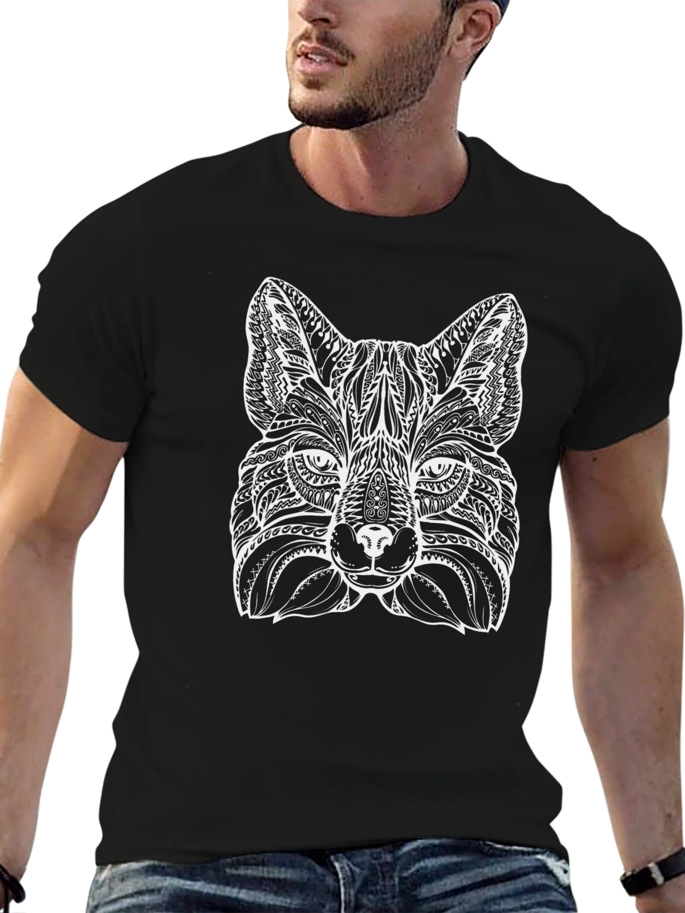 Black Intricate Fox Design Black T-Shirt view 6