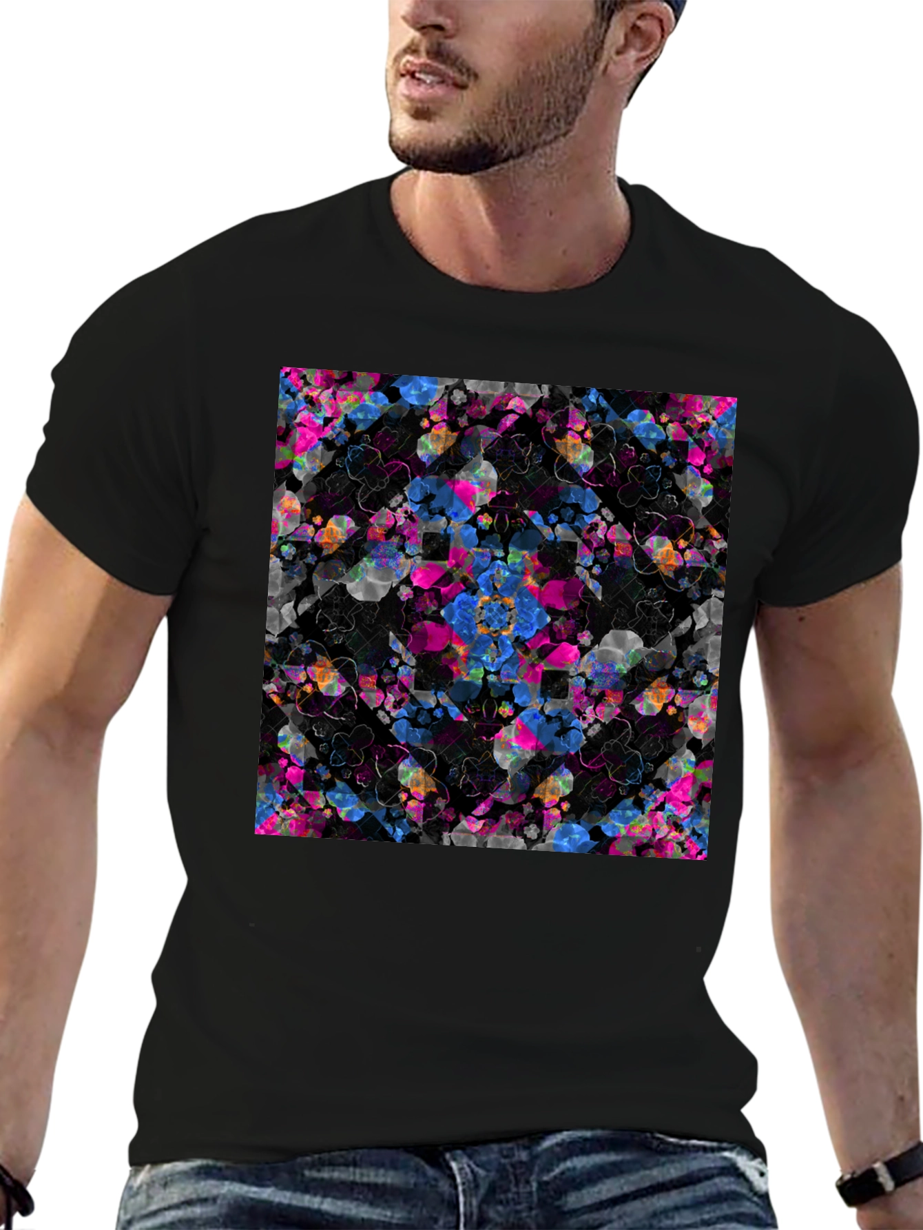 Black Abstract Floral T-Shirt - Modern Graphic Tee view 6