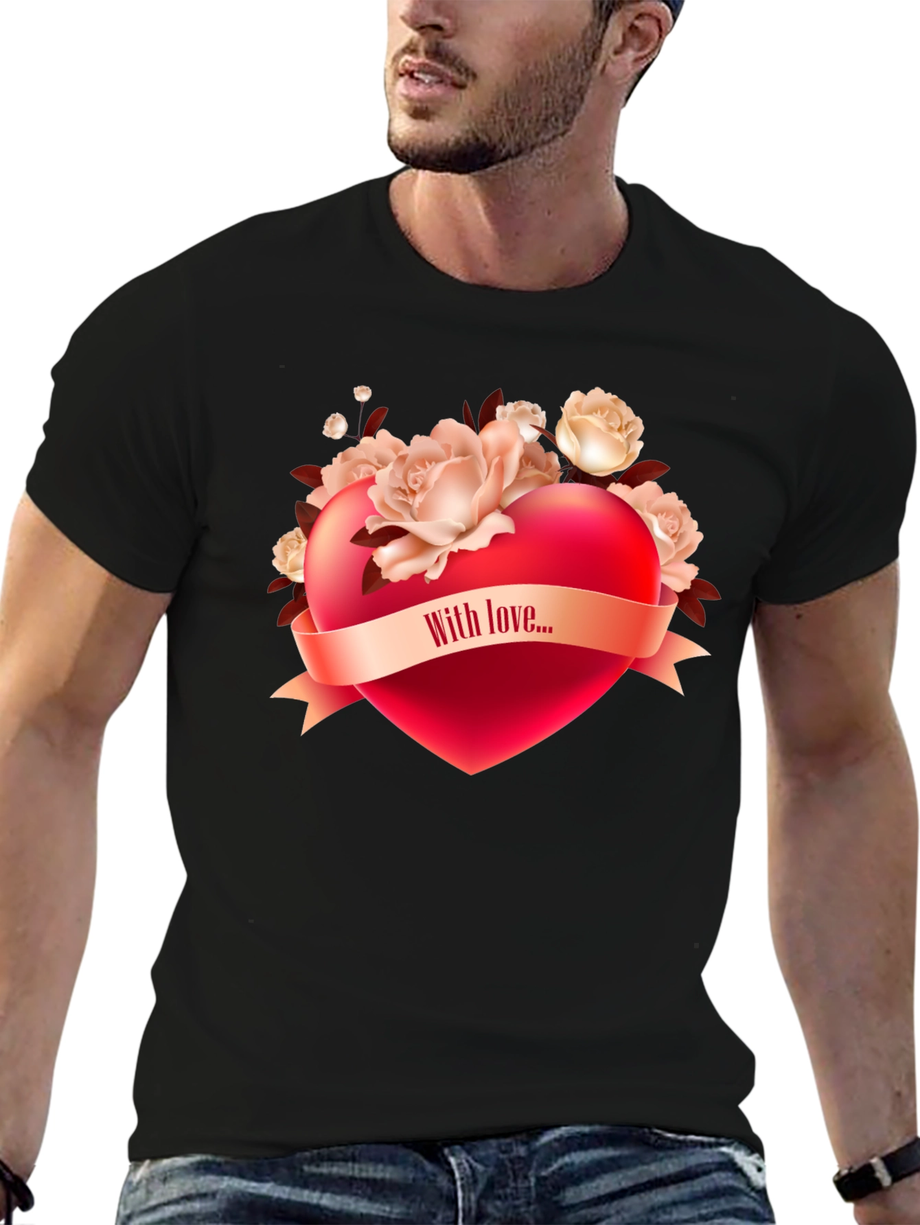 Black Romantic Heart & Roses Graphic T-Shirt view 6