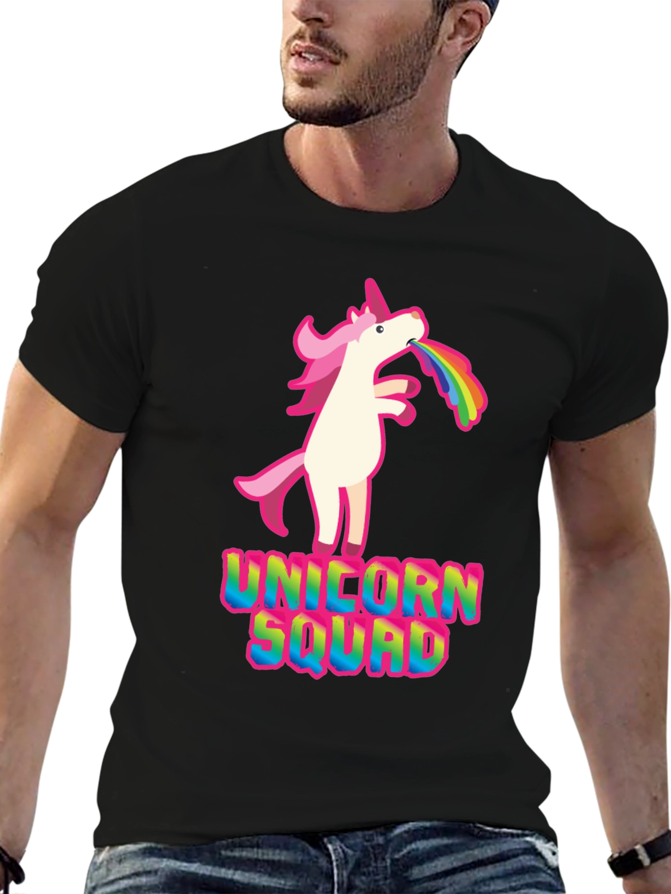 Black Unicorn Squad Graphic T-Shirt - Rainbow Vomit Design view 6