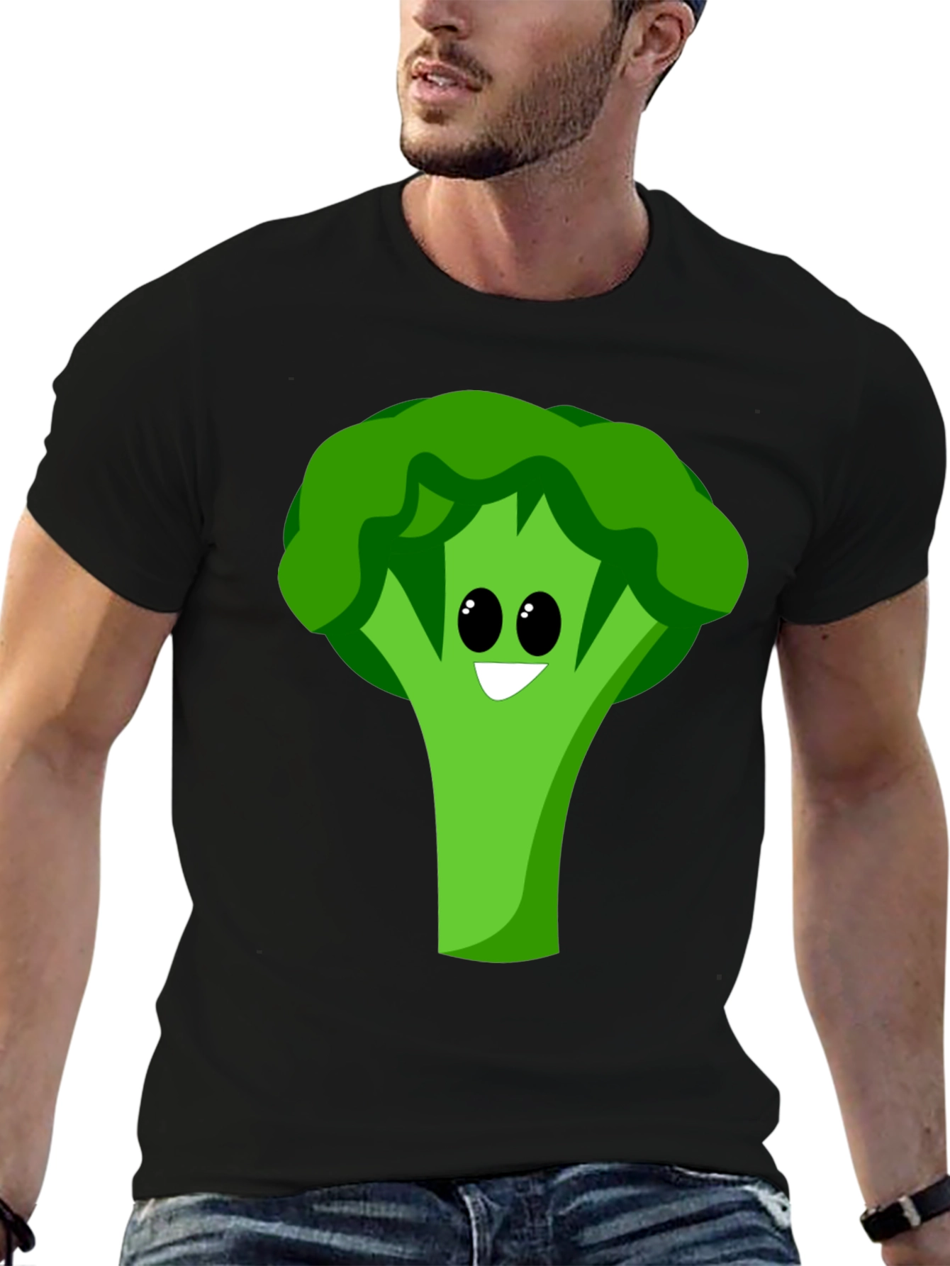 Black Cartoon Broccoli Graphic Tee - Black Cotton Blend view 6