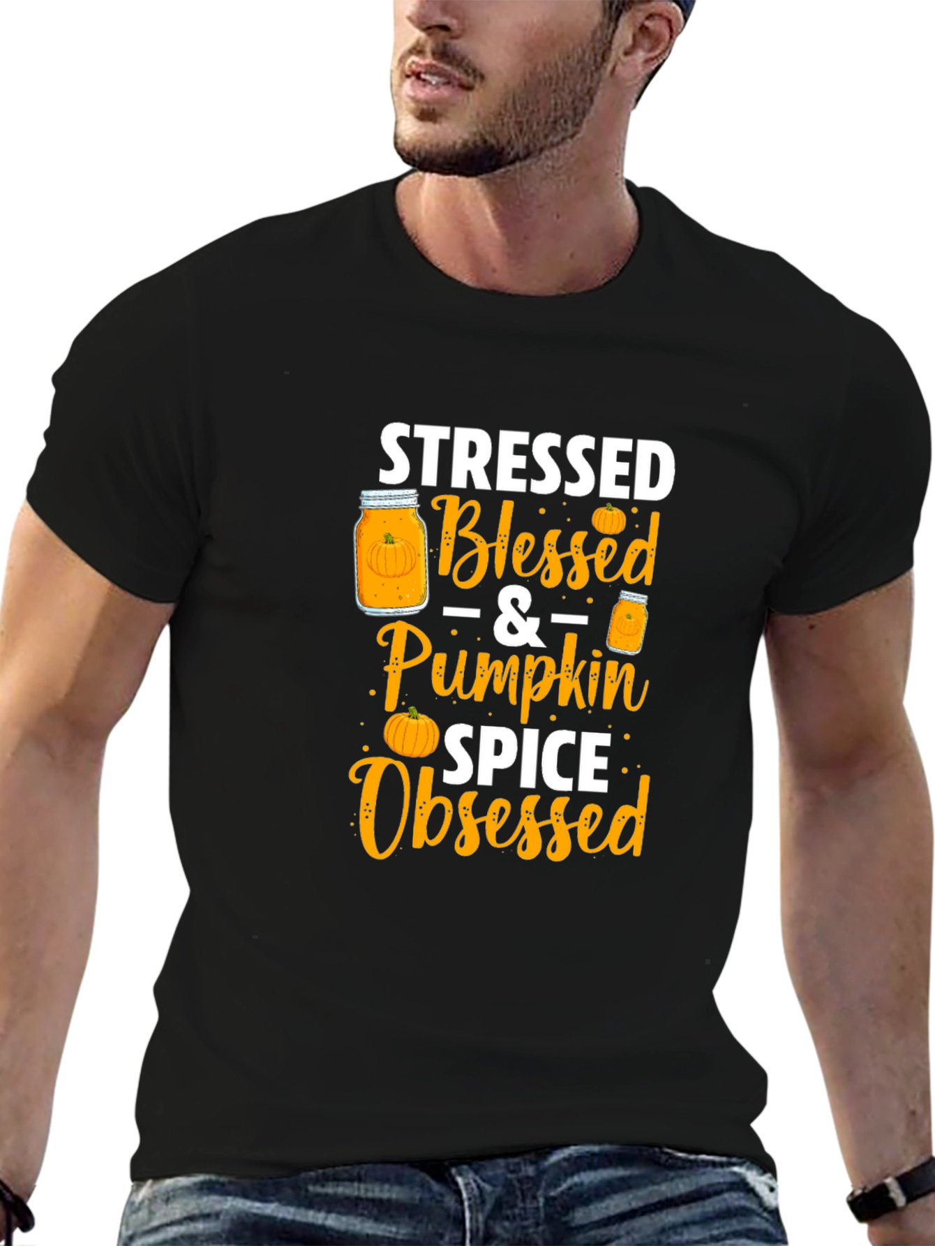Black Stressed Blessed Pumpkin Spice Obsessed T-Shirt view 6