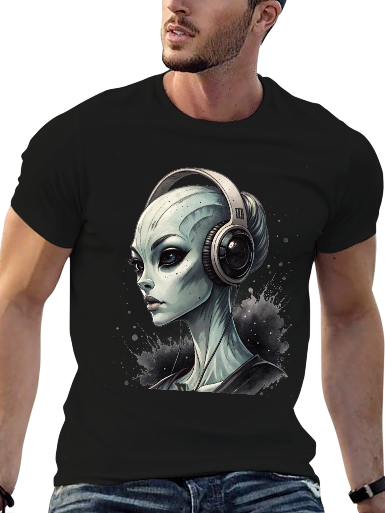 Black Alien DJ Black T-Shirt - Sci-Fi Music Lover Tee view 6