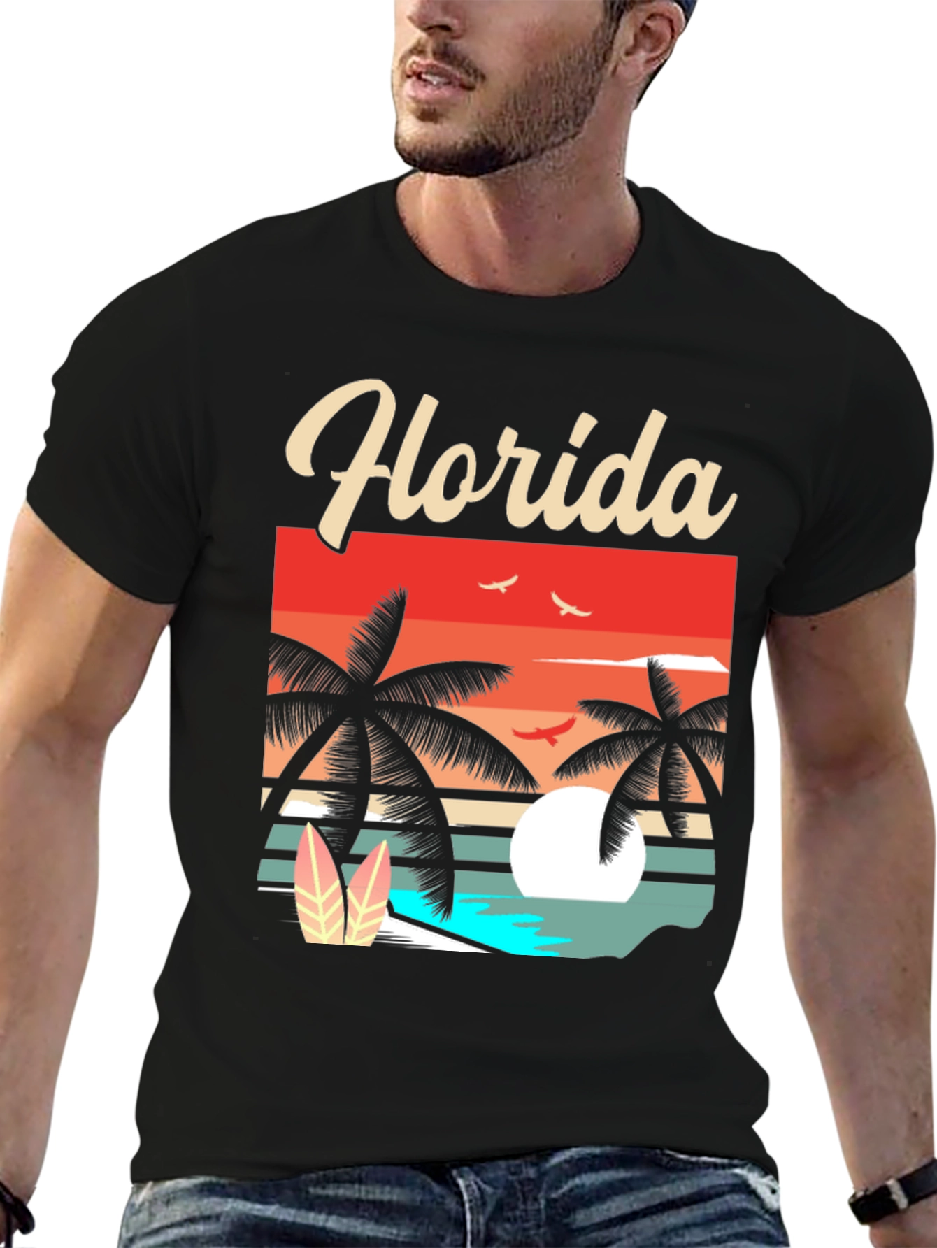 Black Florida Retro Sunset Palm T-Shirt view 6