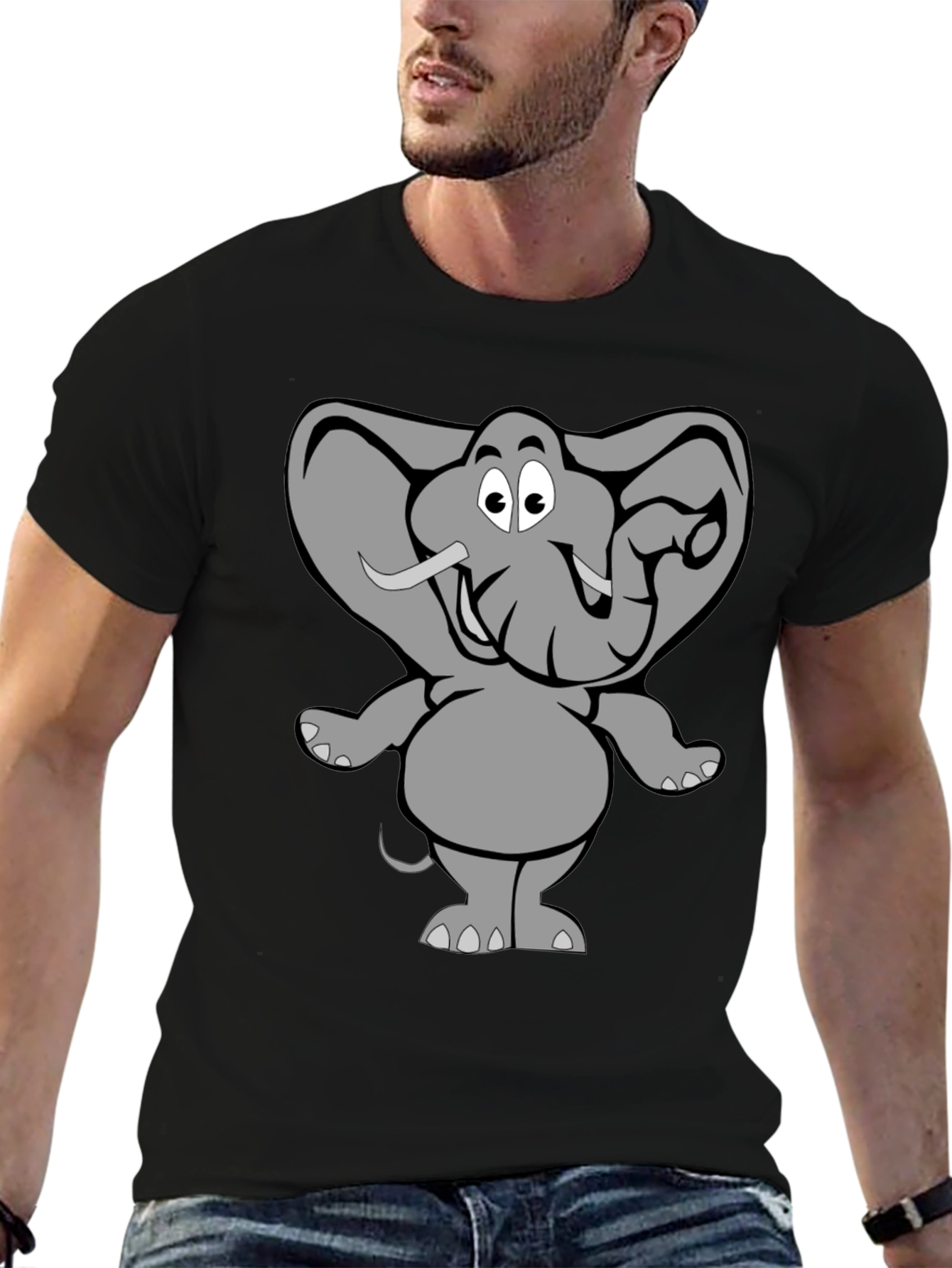 Black Elephant Cartoon Graphic Black T-Shirt view 6