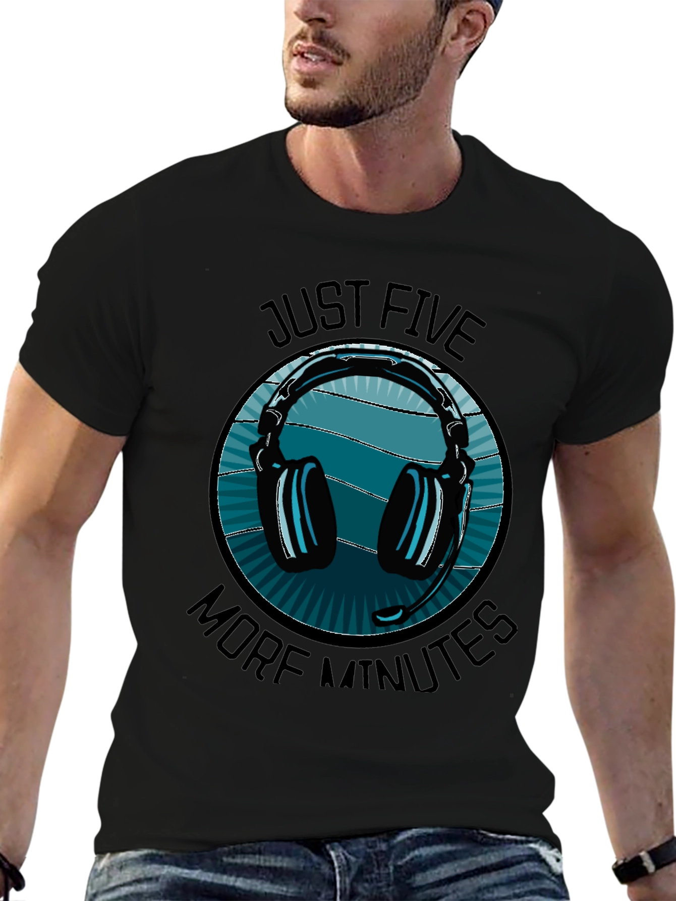 Black Just Five More Minutes Gaming Headset T-Shirt view 6
