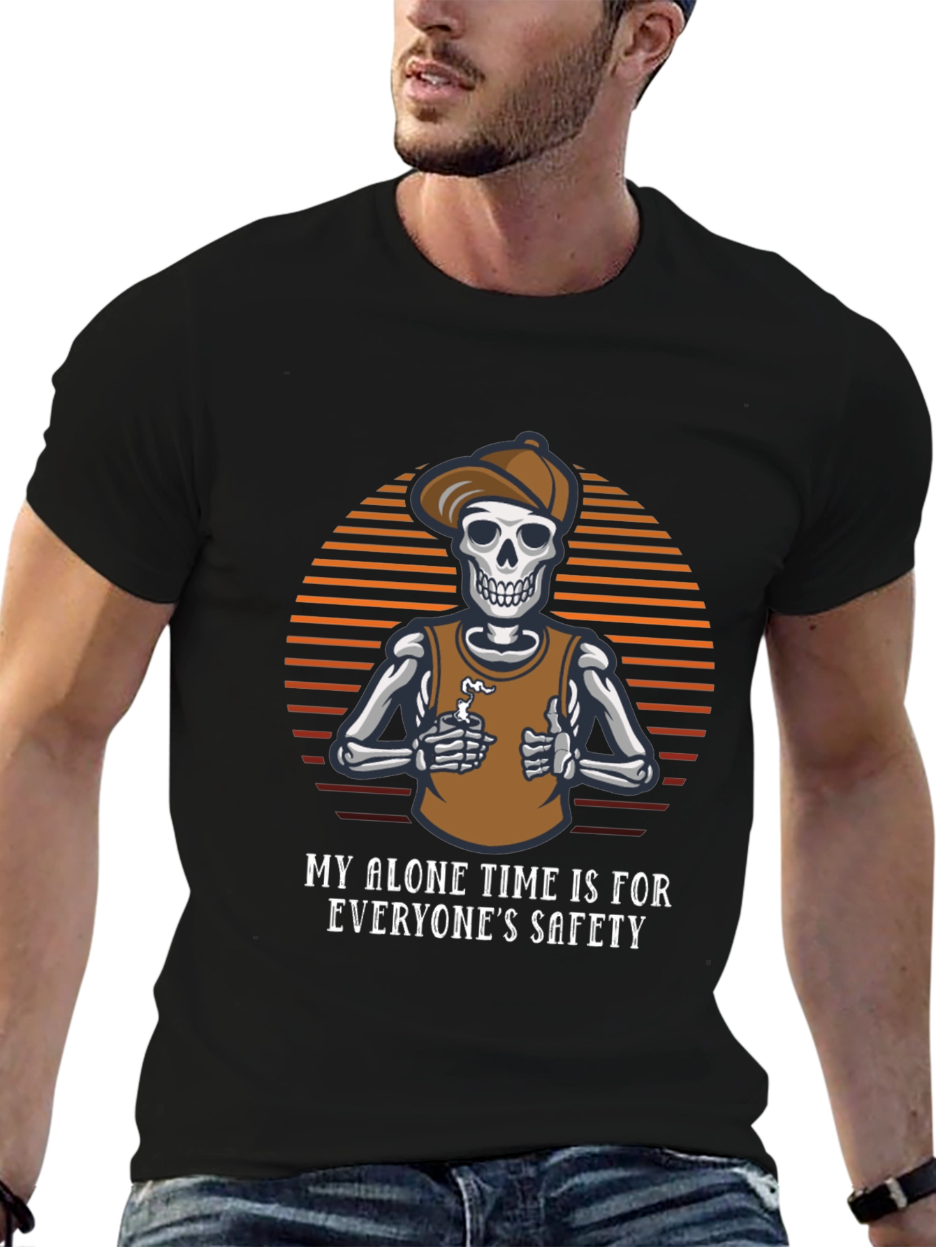 Black Funny Skeleton T-Shirt: Alone Time is Safety view 6