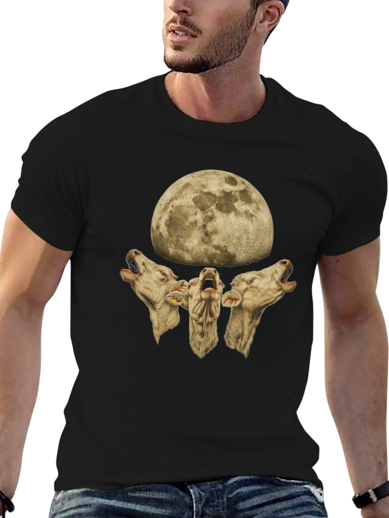 Cow Howl Moon Black T-Shirt Funny Tee - 6
